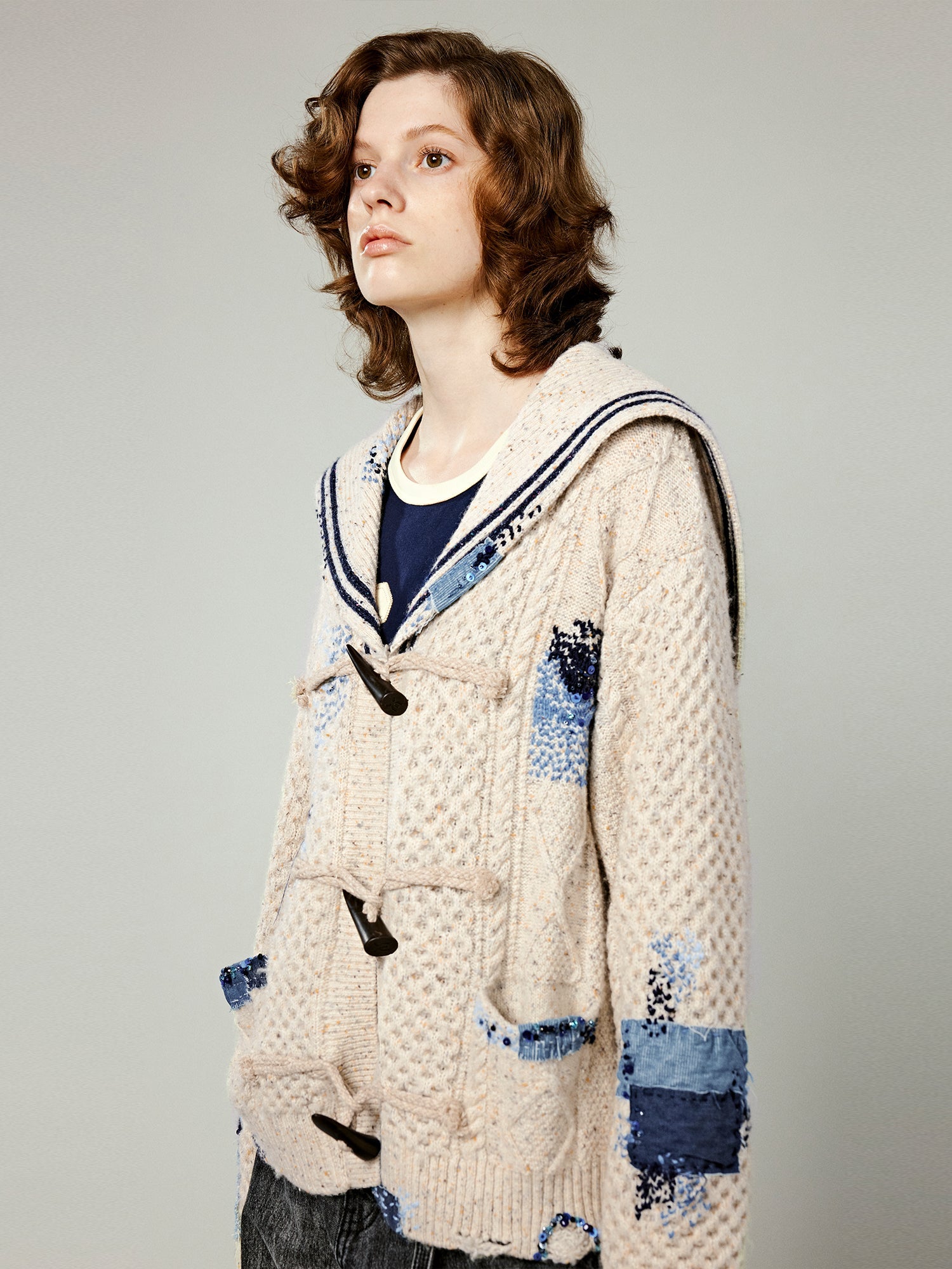 Sailor collar cable knit cardigan