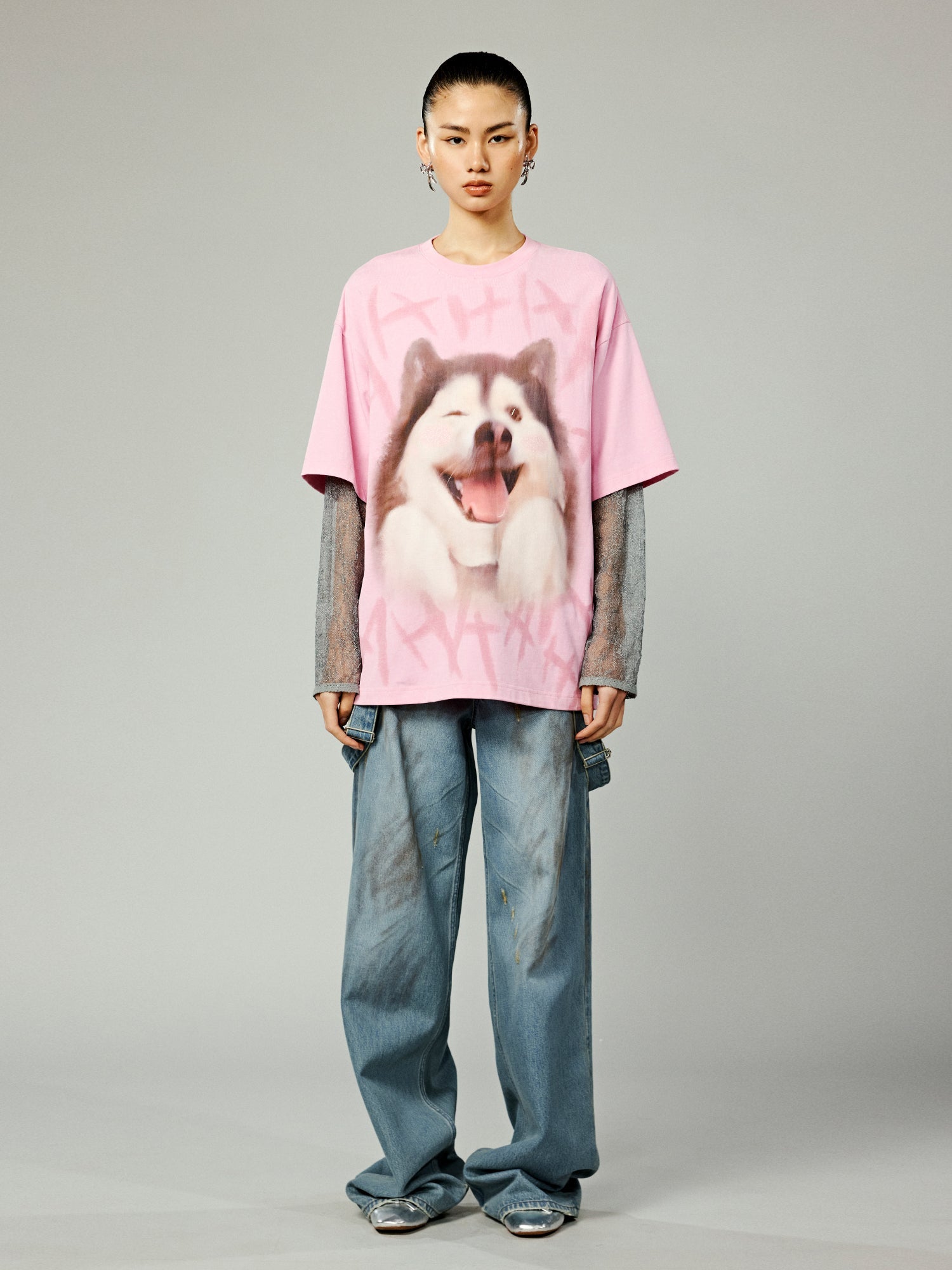 Faux Two-piece Style T-shirt With Laughing Dog Print