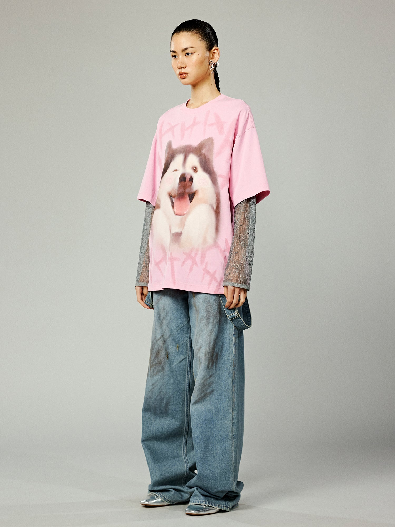 Faux Two-piece Style T-shirt With Laughing Dog Print