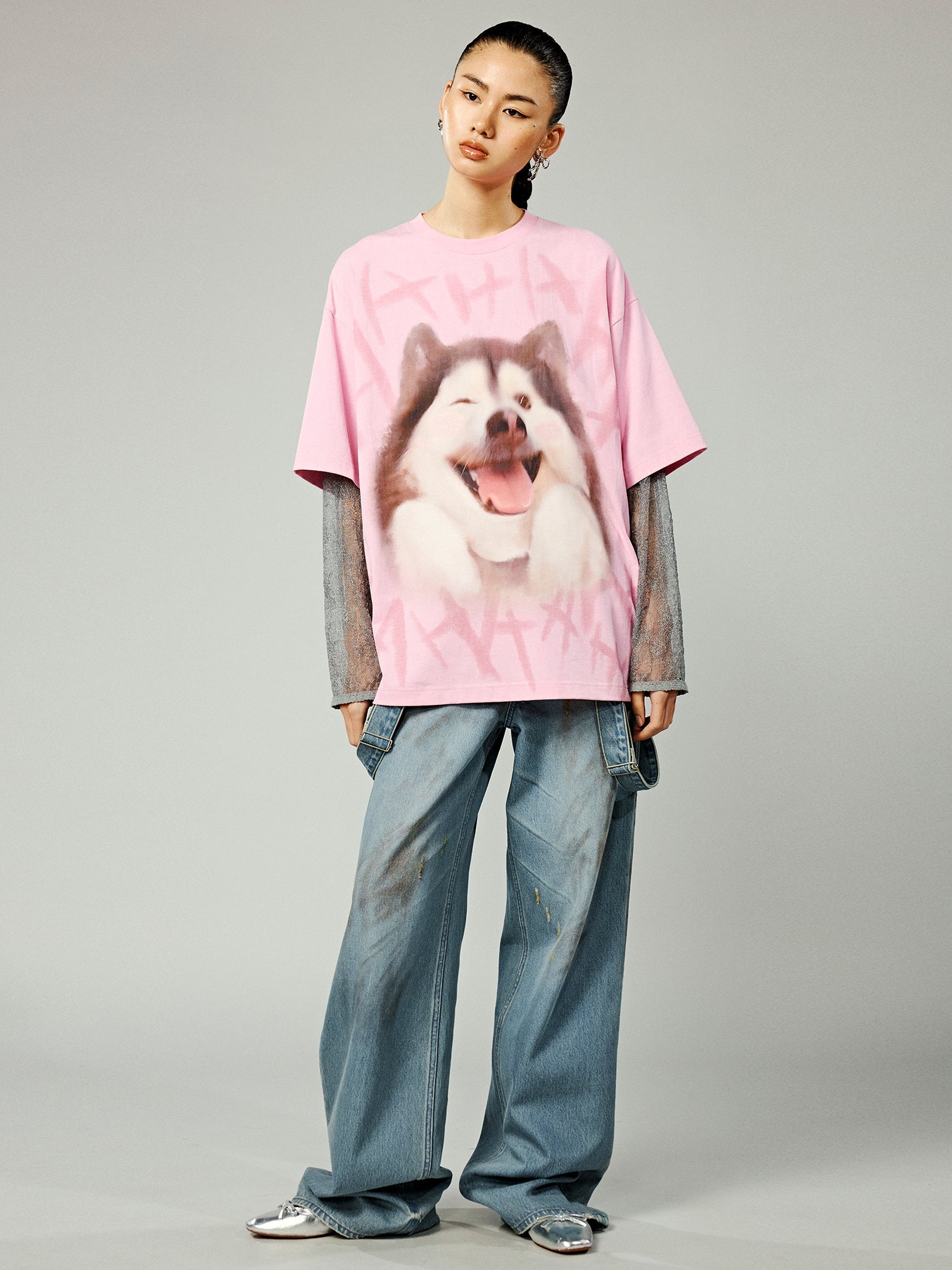 Faux Two-piece Style T-shirt With Laughing Dog Print