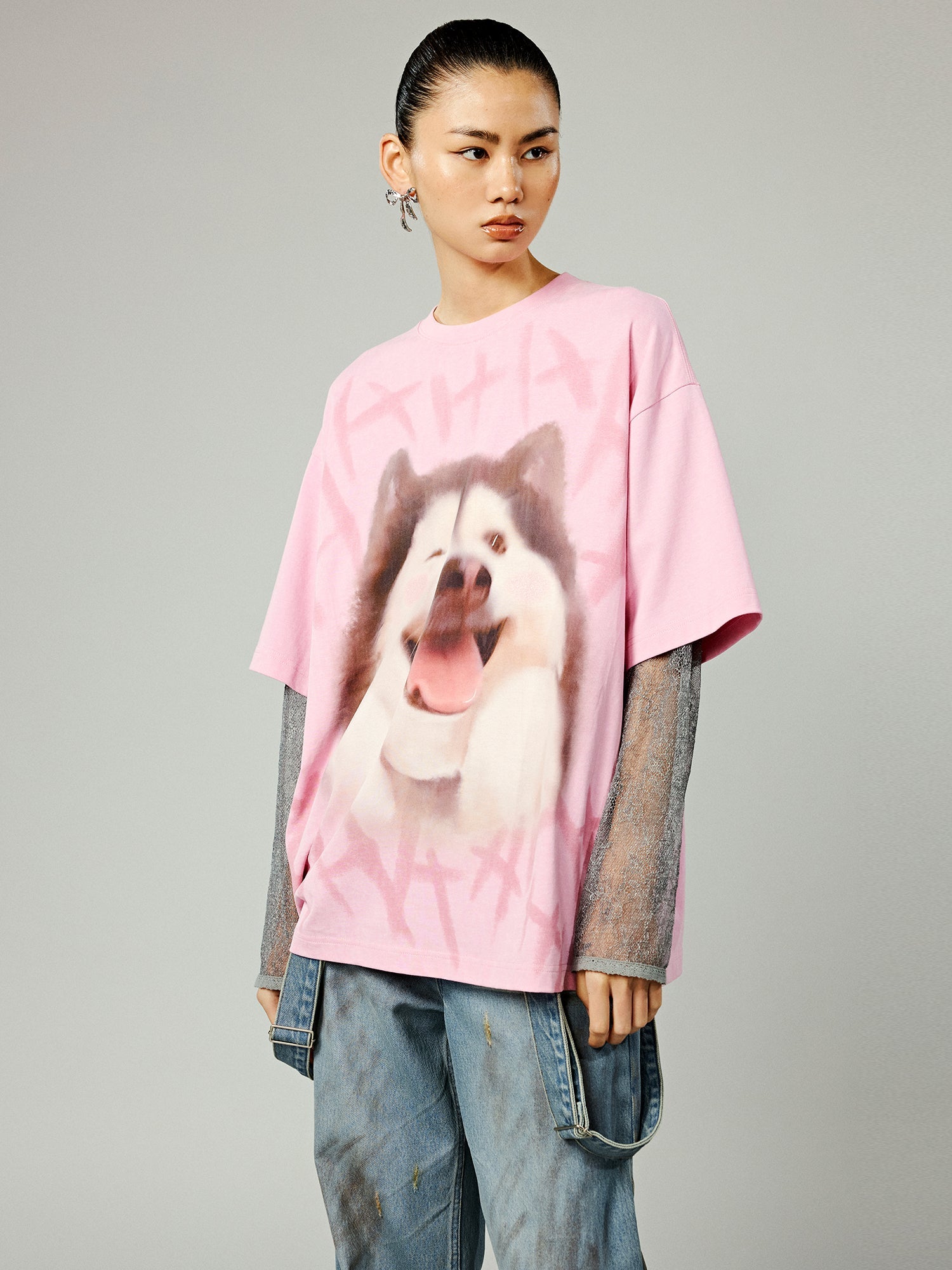 Faux Two-piece Style T-shirt With Laughing Dog Print