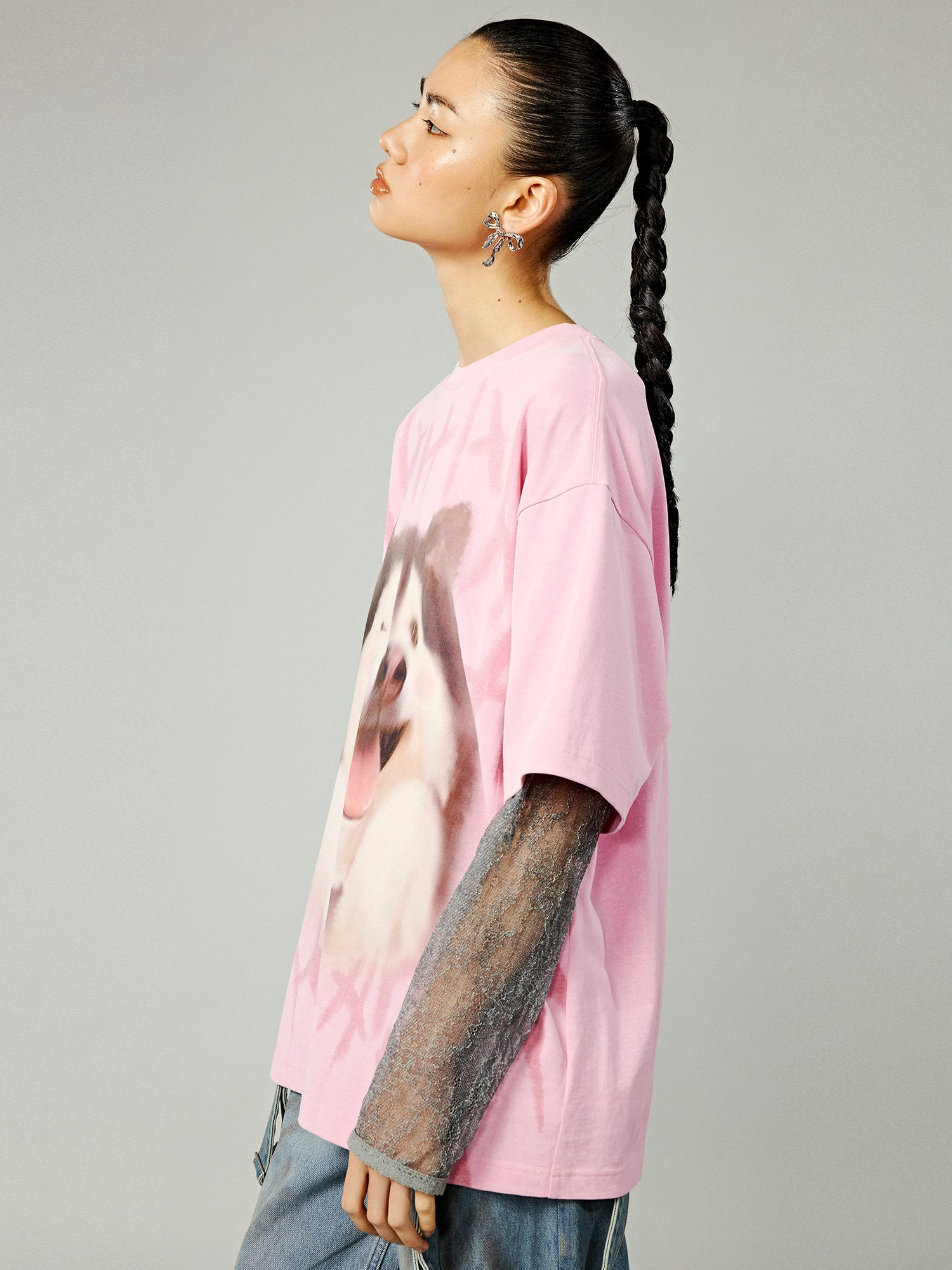 Faux Two-piece Style T-shirt With Laughing Dog Print