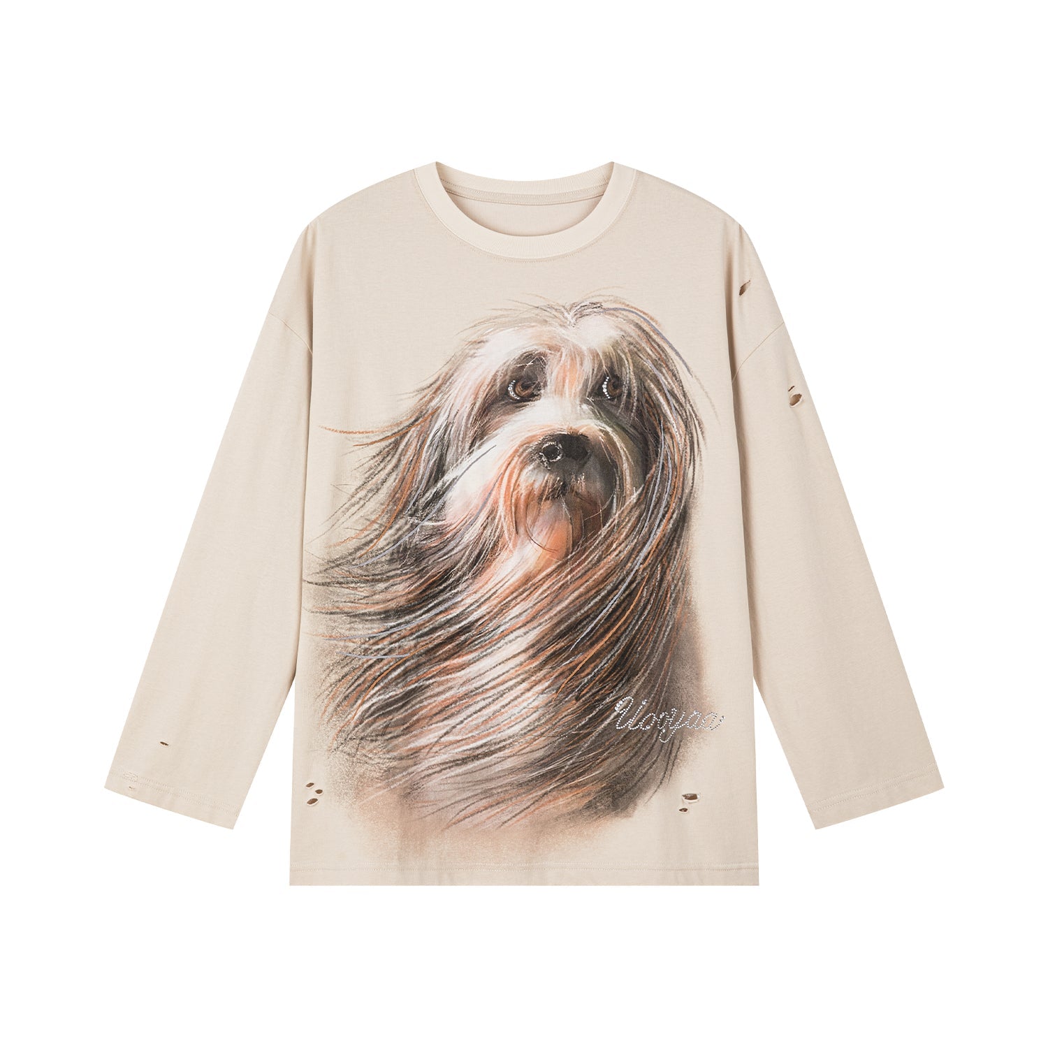 風に吹かれた犬のデザインの長袖Tシャツ
