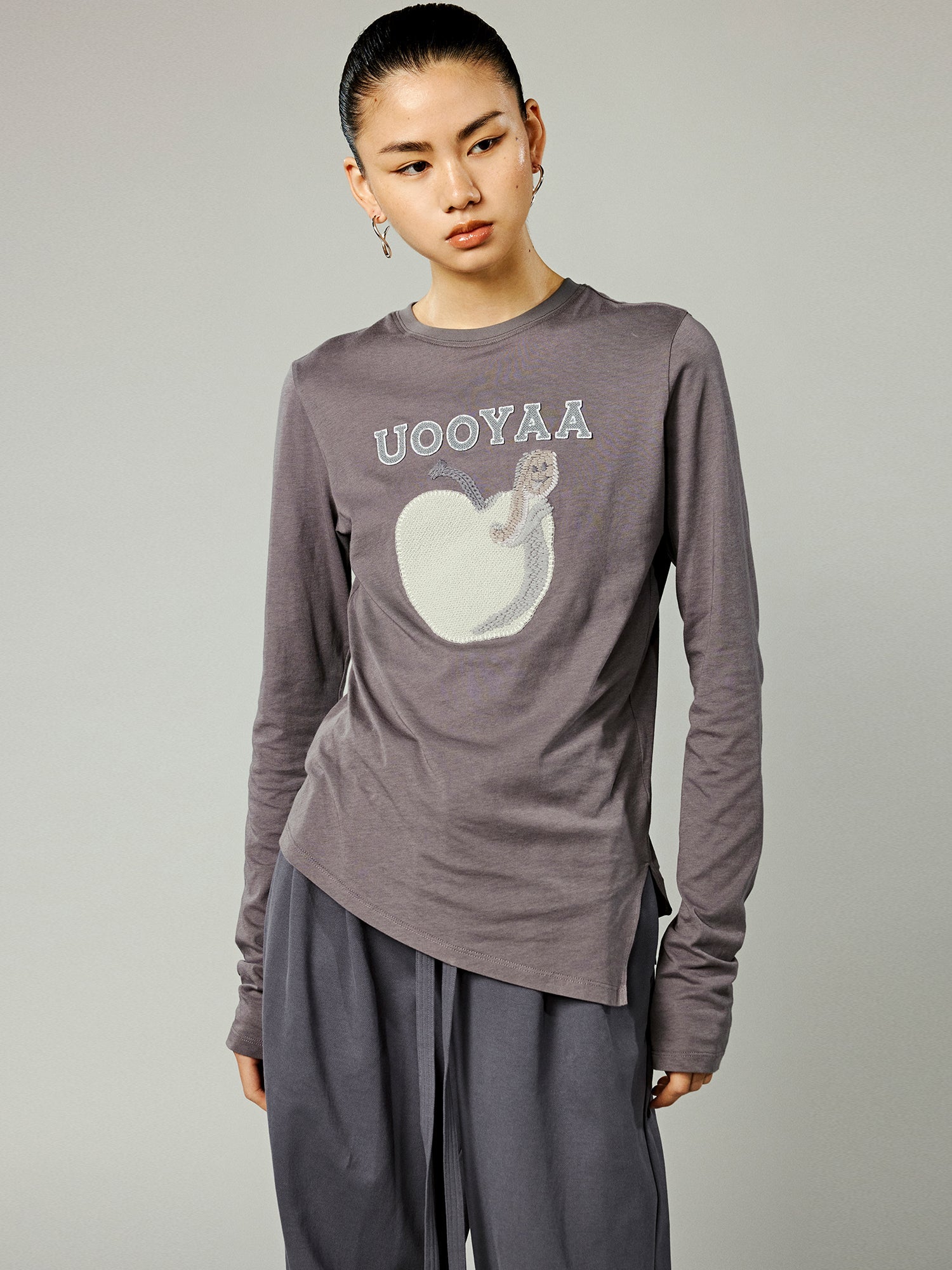 Black long sleeve logo t-shirt with diagonal hem