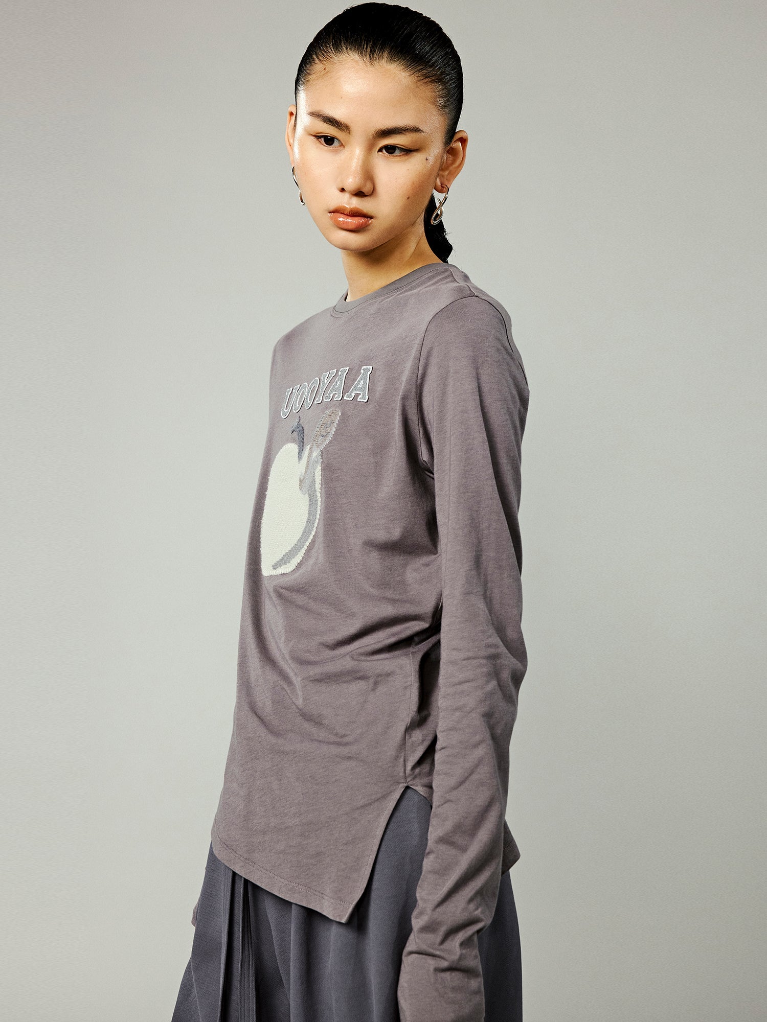 Black long sleeve logo t-shirt with diagonal hem