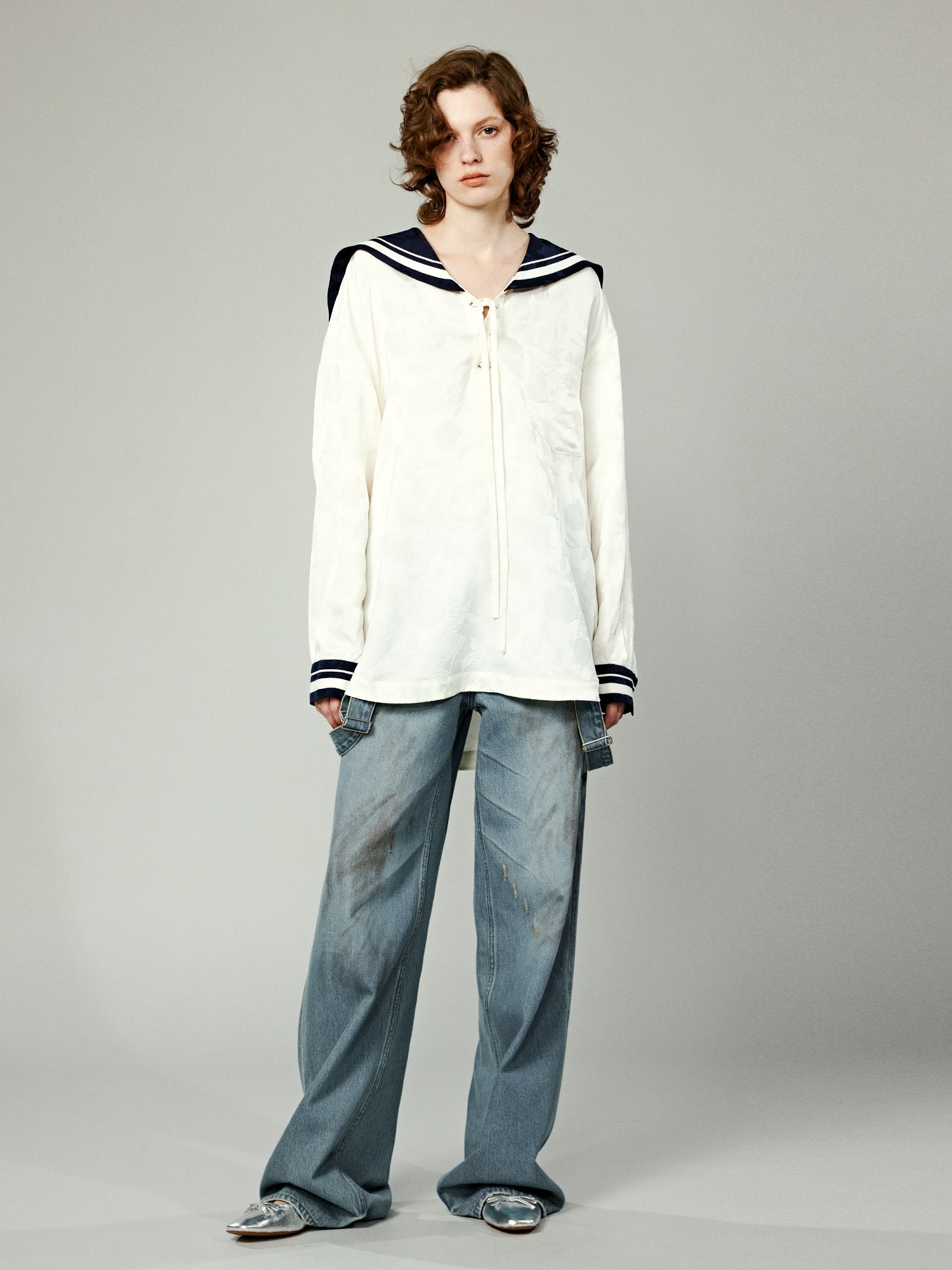 Satin jacquard sailor collar blouse