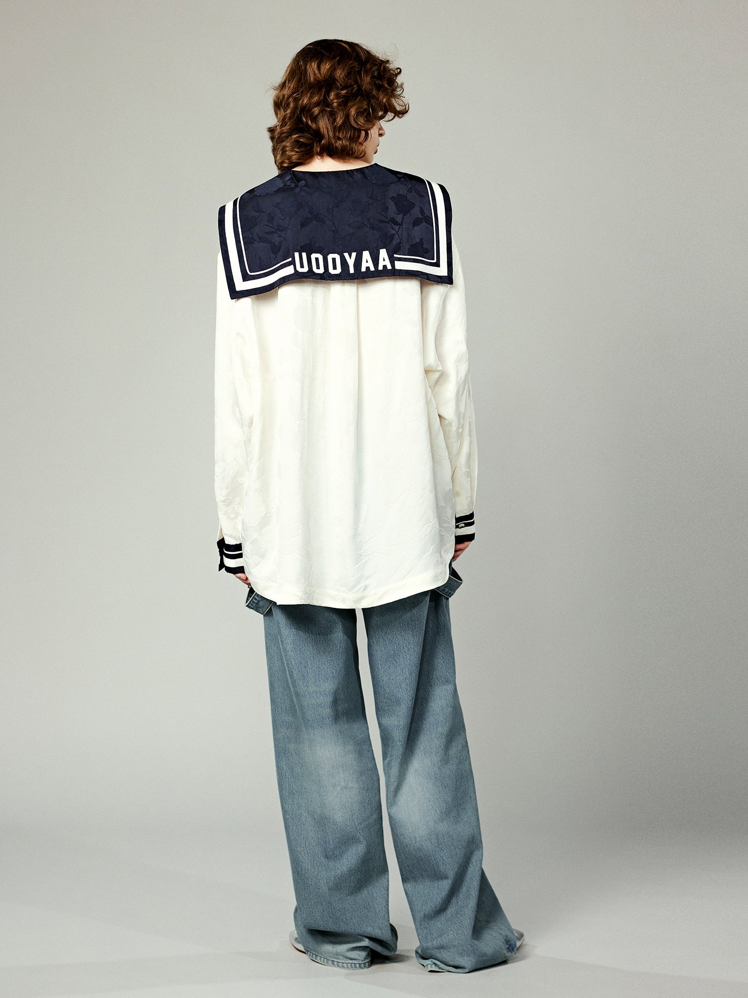 Satin jacquard sailor collar blouse