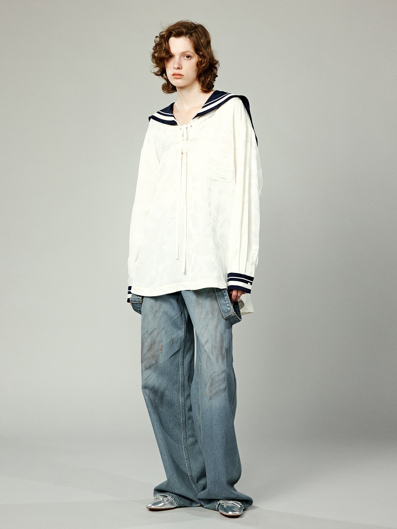 Satin jacquard sailor collar blouse