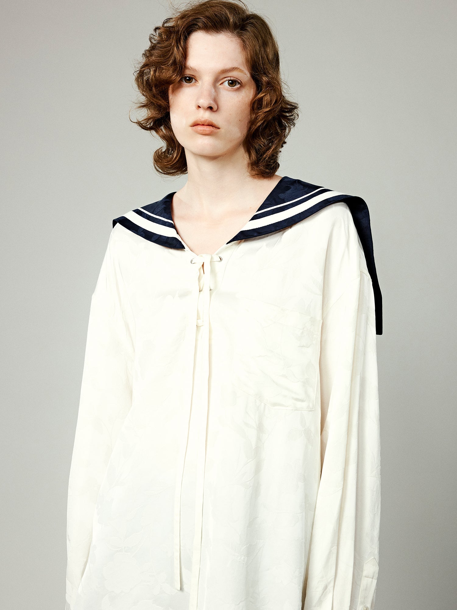 Satin jacquard sailor collar blouse