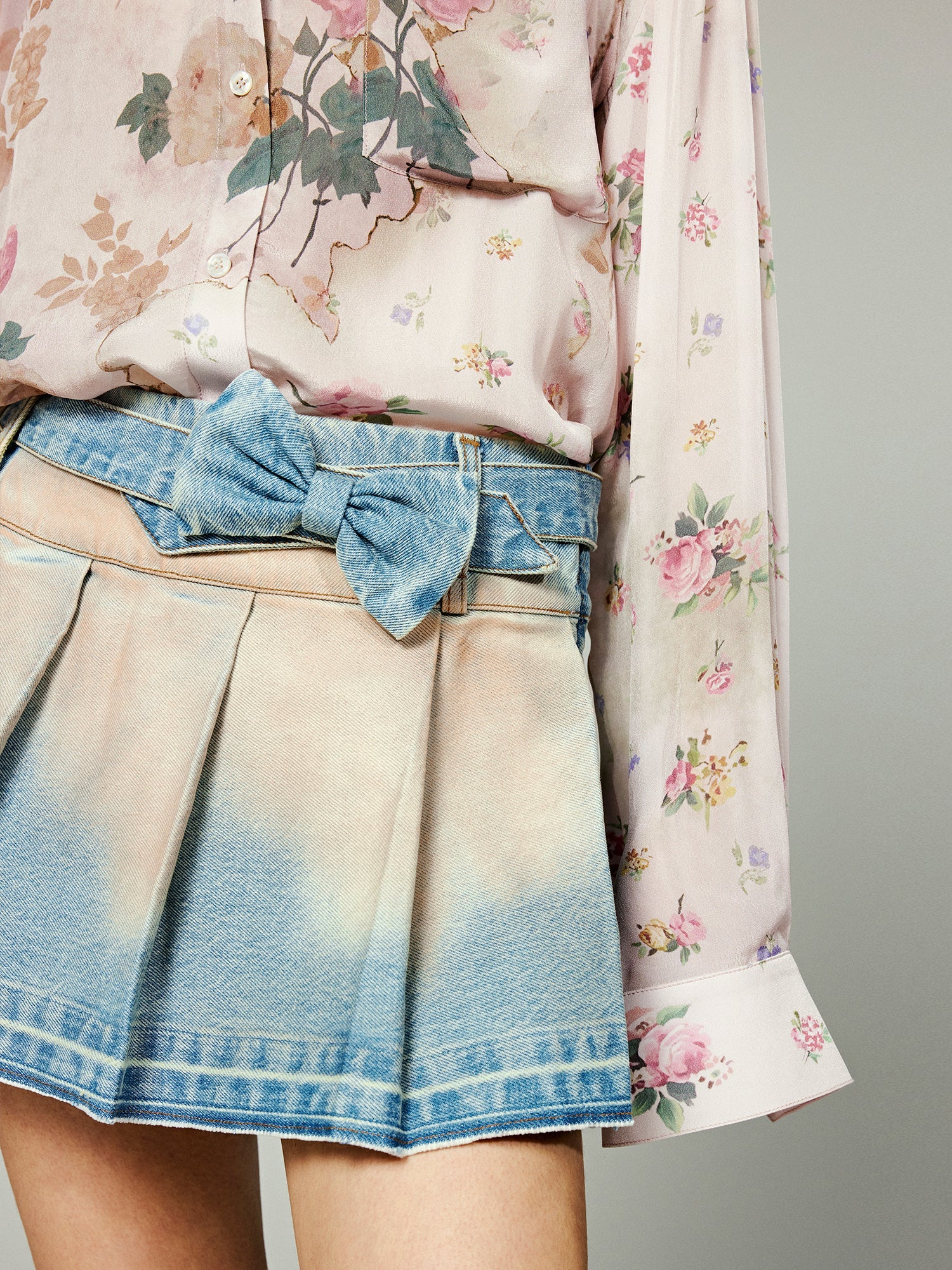Vintage distressed bow denim pleated skirt
