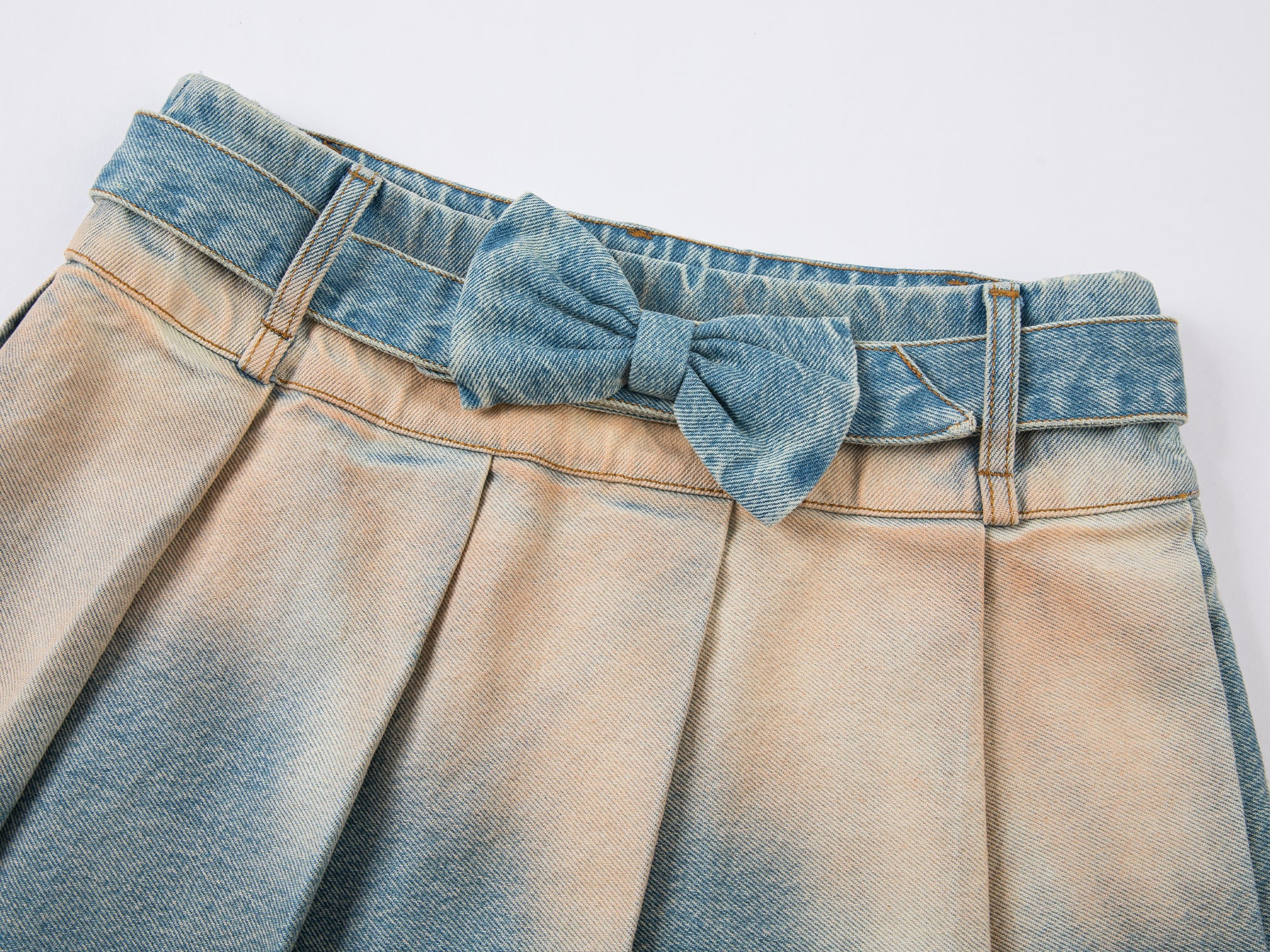 Vintage distressed bow denim pleated skirt