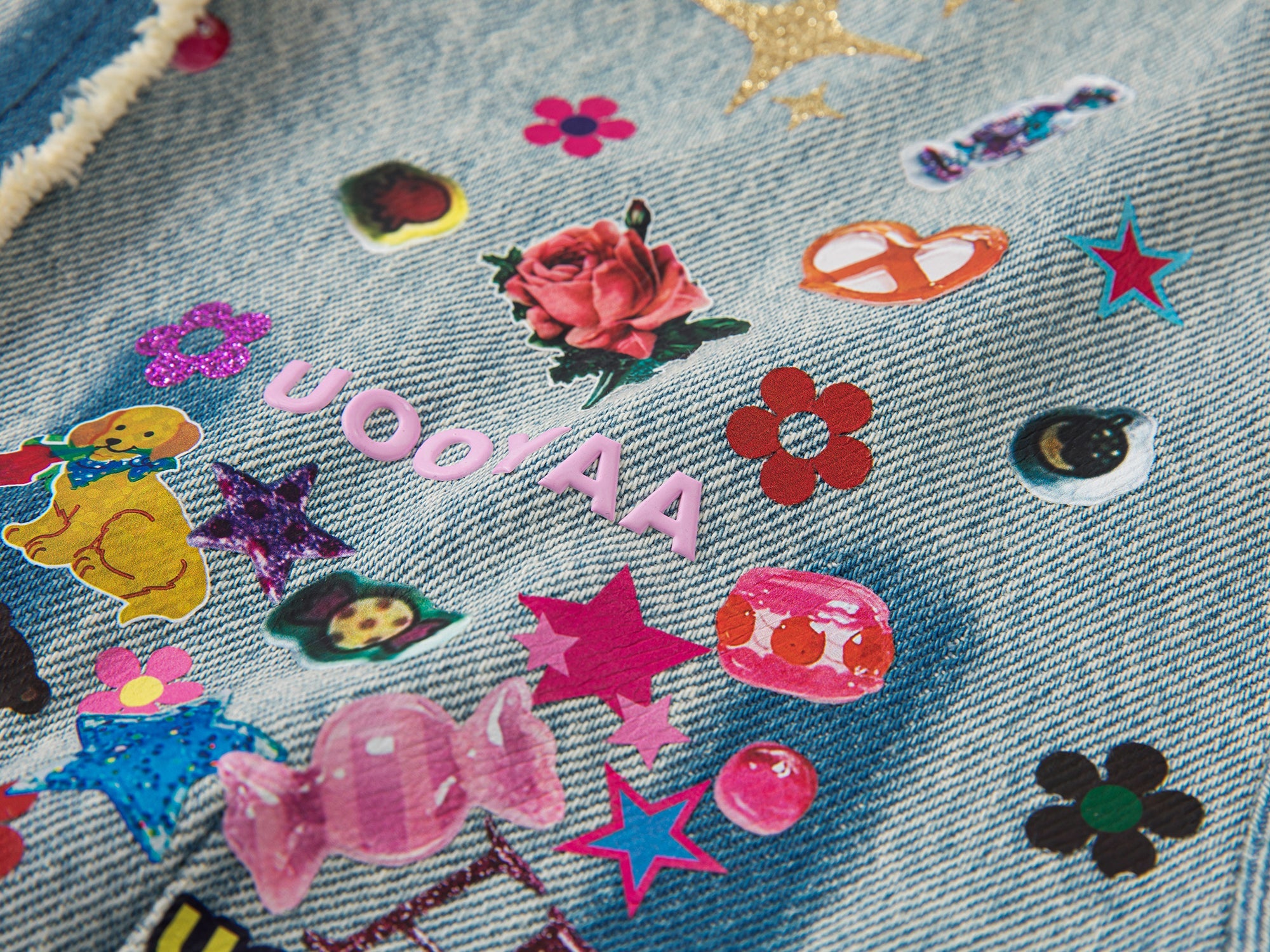 Playful sticker chanel style denim jacket