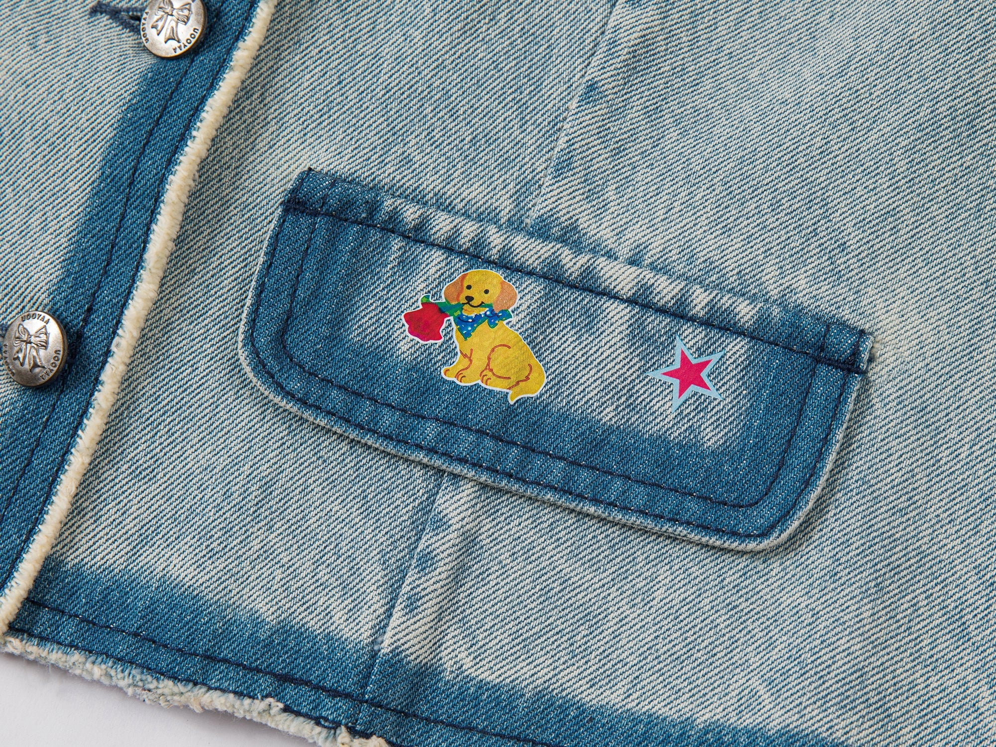 Playful sticker chanel style denim jacket