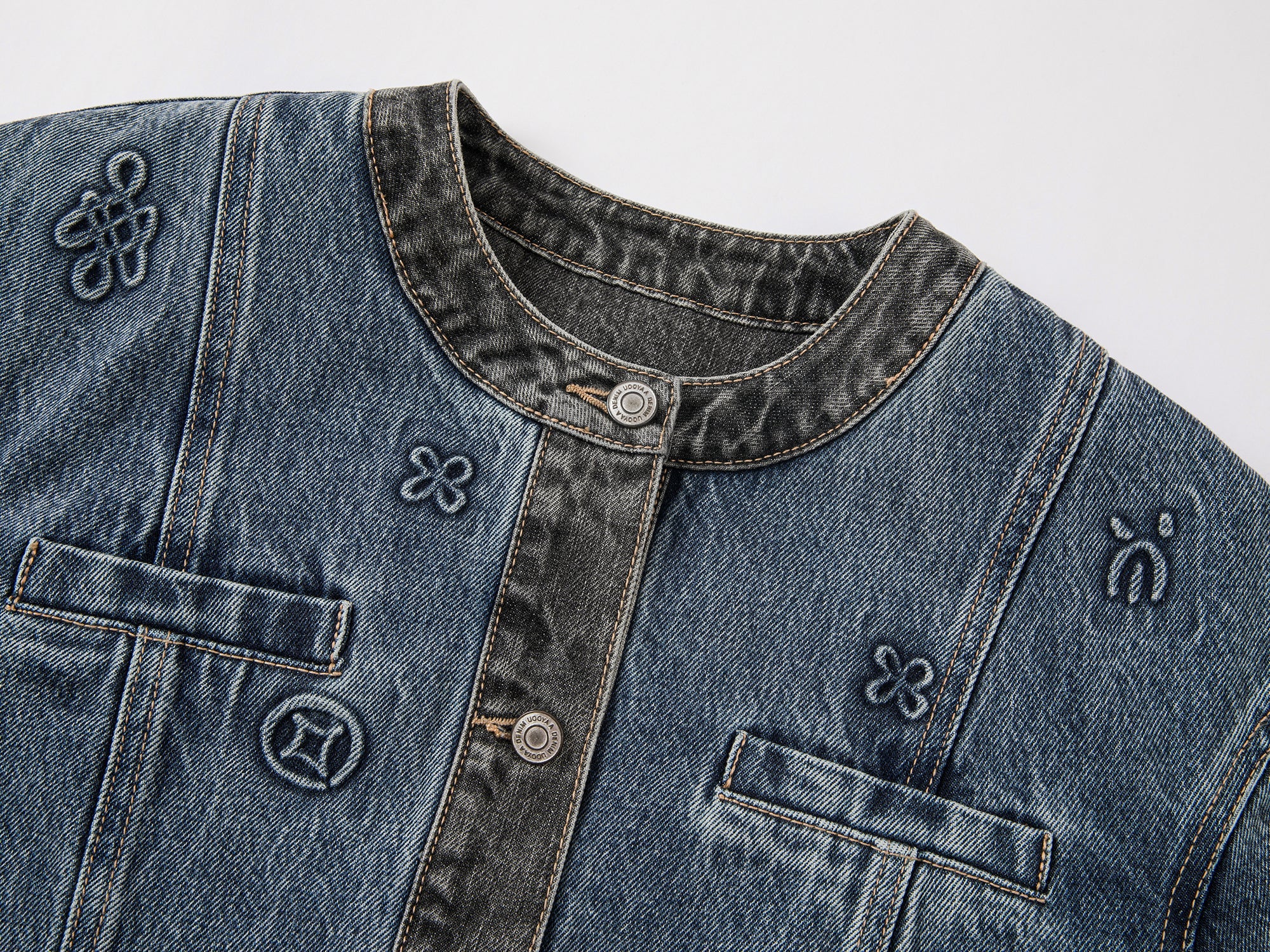 Chinese-style denim collarless jacket