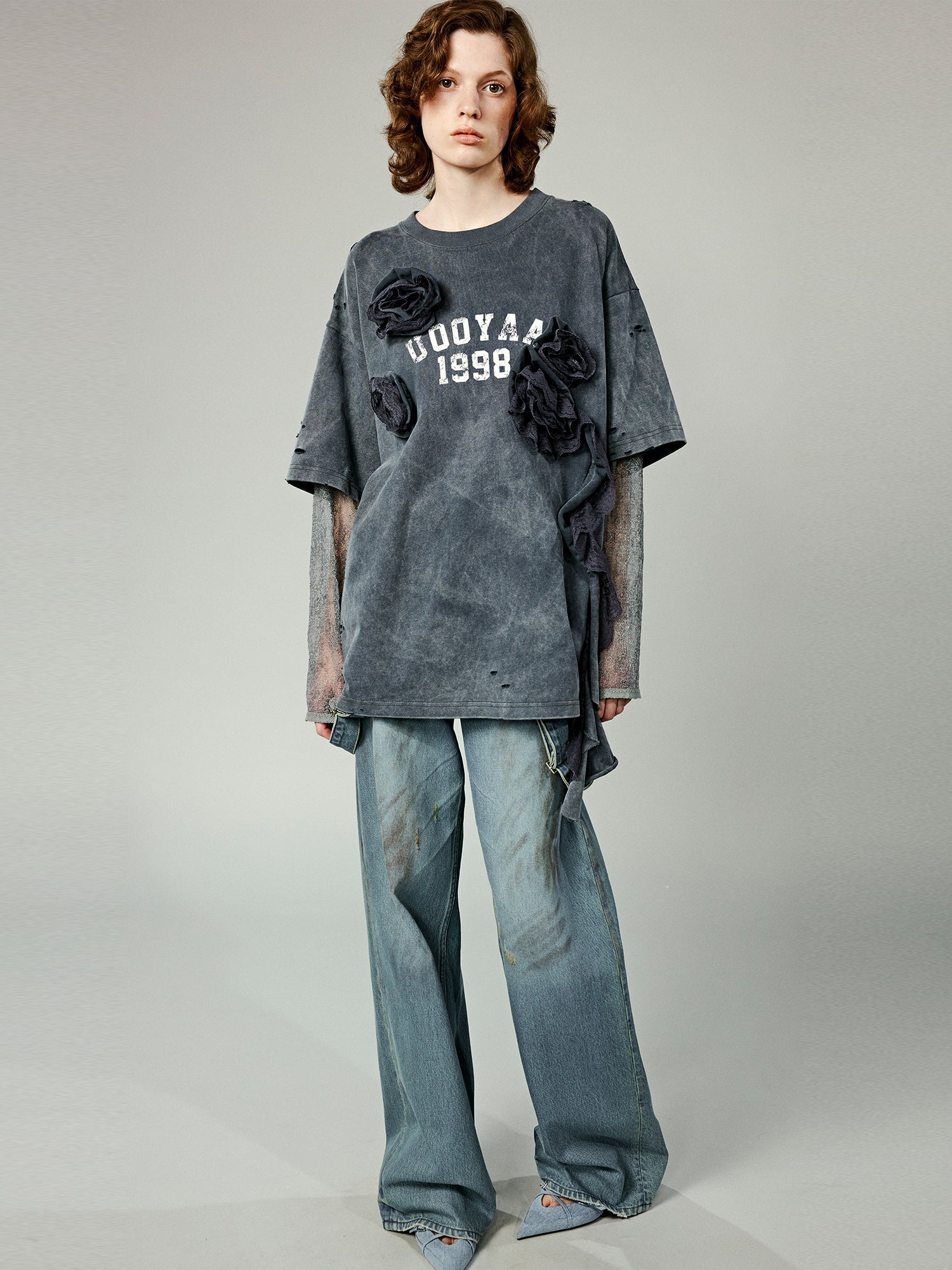 Distressed faux layered varsity t-shirt