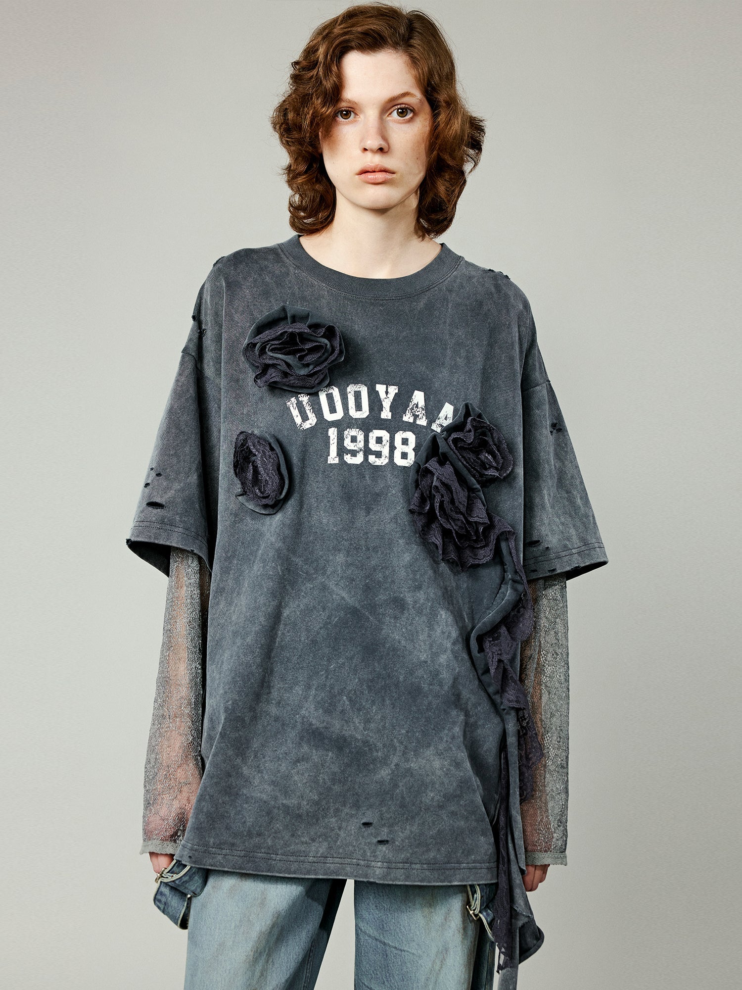 Distressed faux layered varsity t-shirt