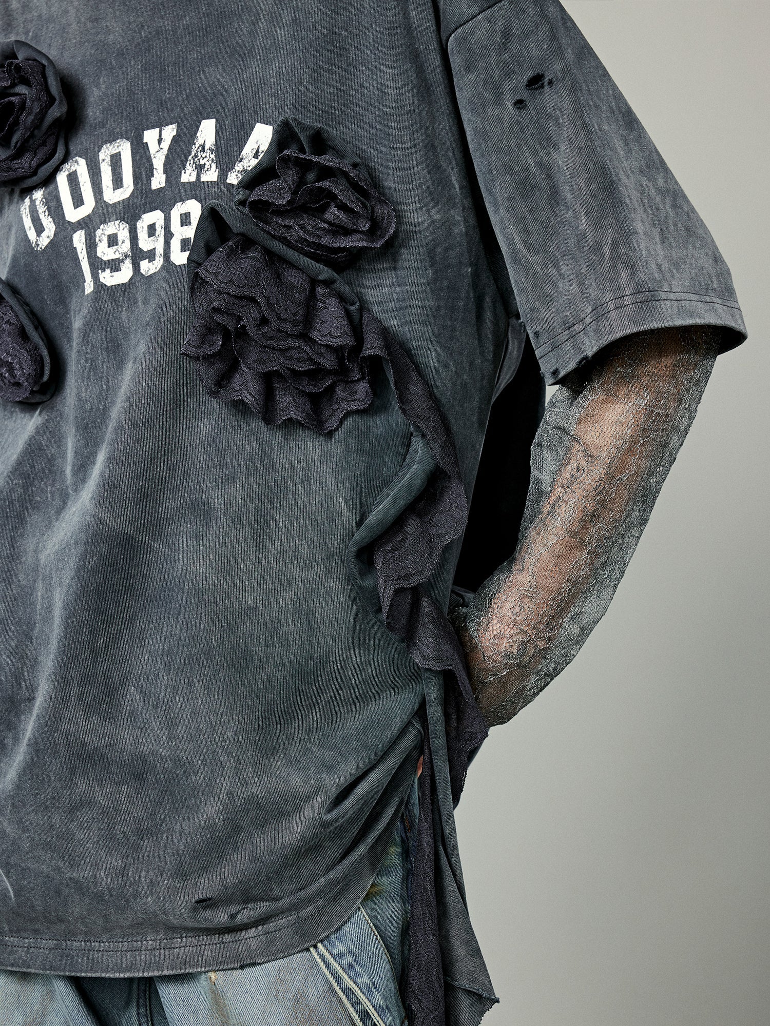 Distressed faux layered varsity t-shirt