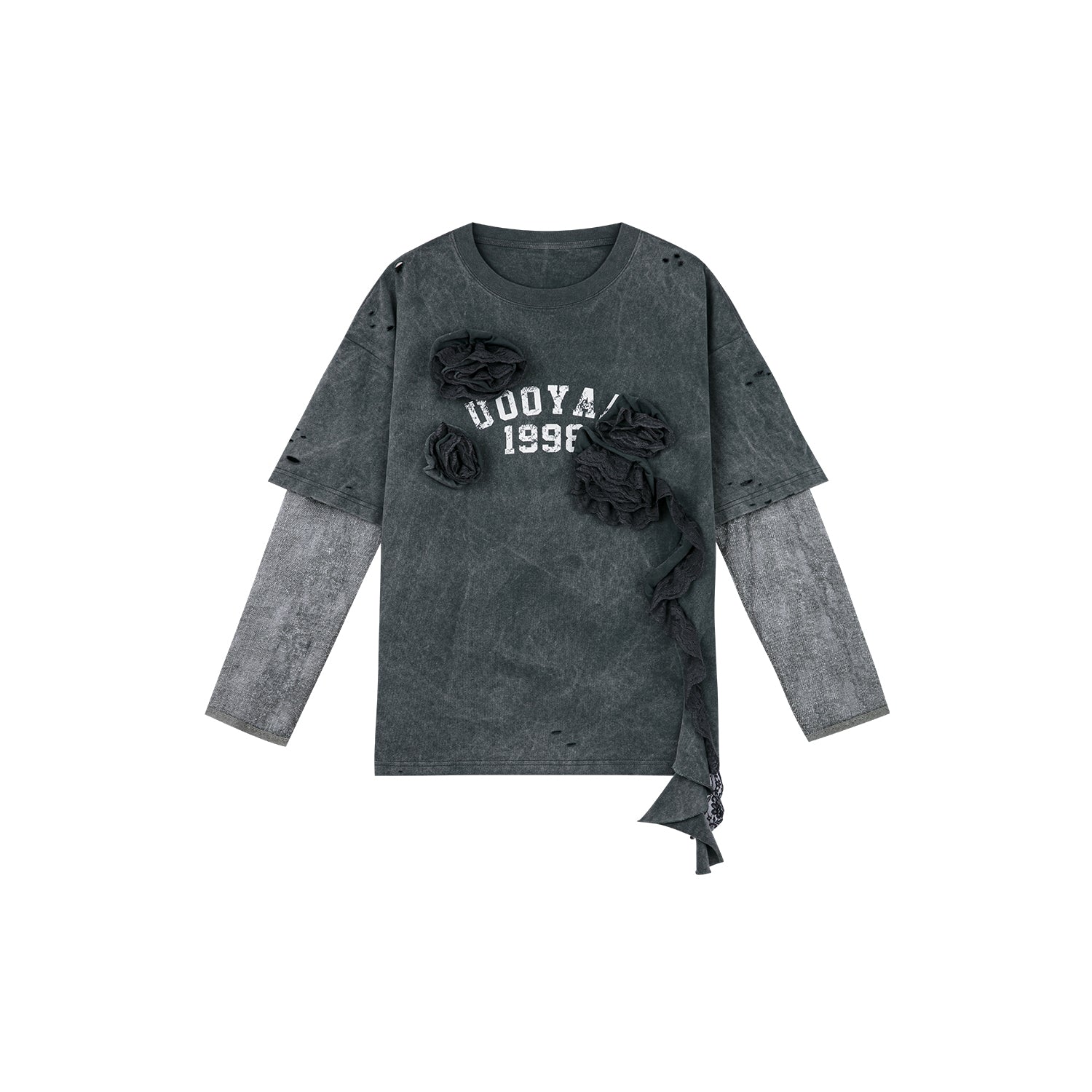 ダメージ加工フェイクレイヤードバーシティTシャツ