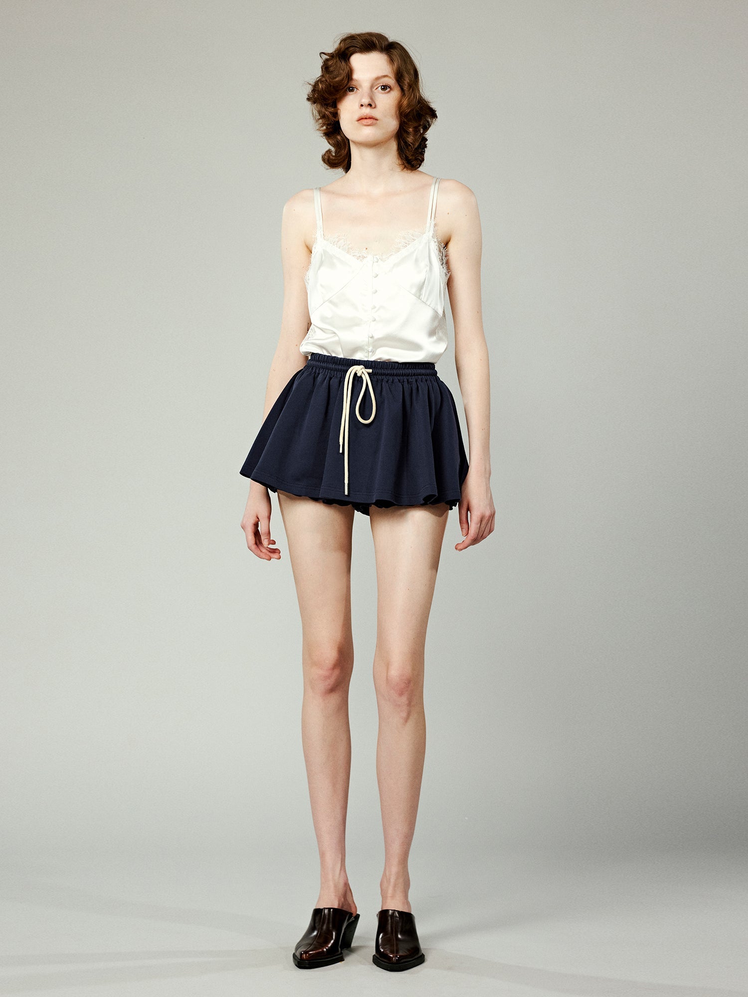 Sporty ruffle hem tweed skort in navy blue