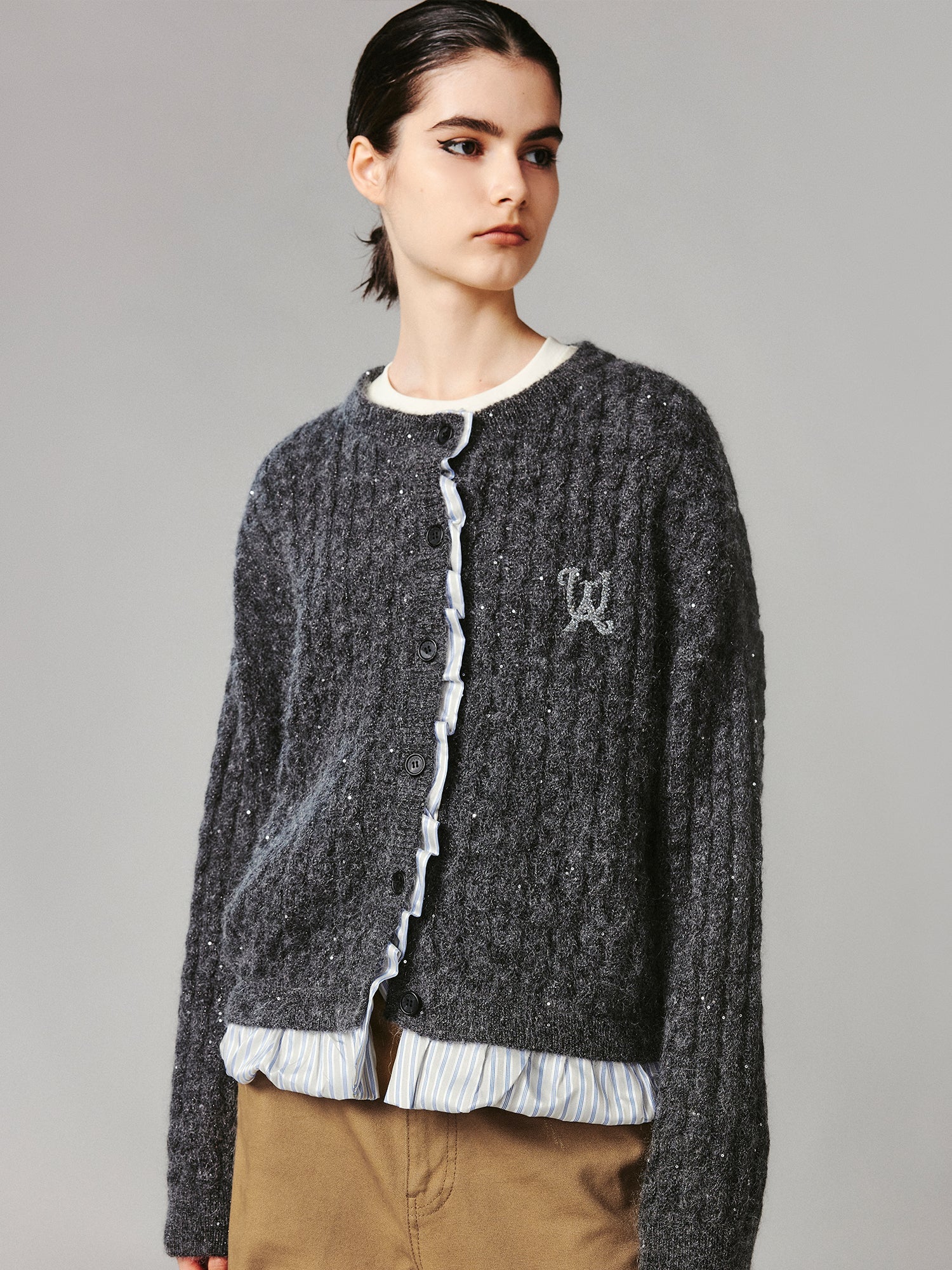 Exposed lining wool cardigan