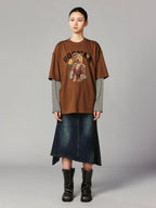 クマ柄の二重レイヤード長袖Tシャツ