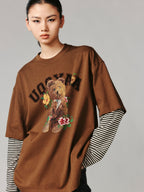クマ柄の二重レイヤード長袖Tシャツ