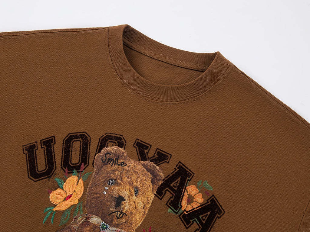 クマ柄の二重レイヤード長袖Tシャツ