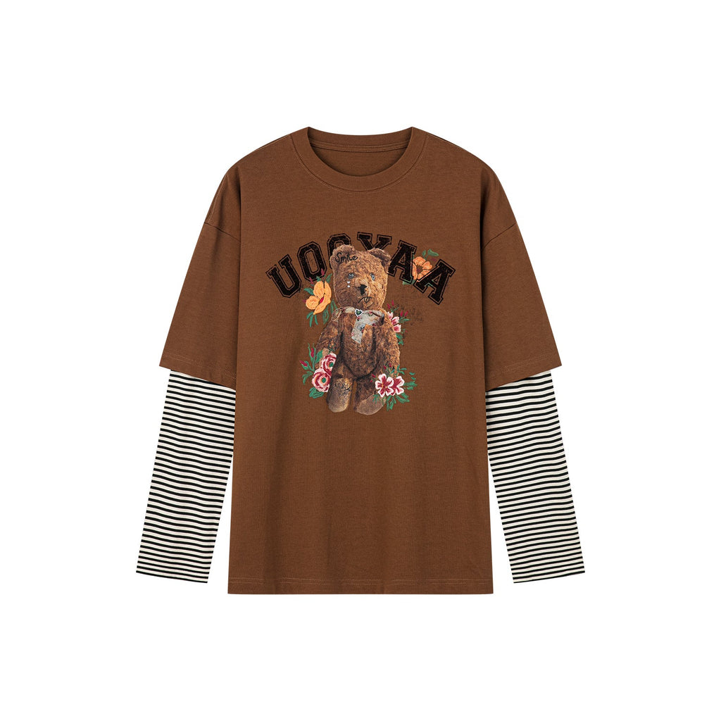 クマ柄の二重レイヤード長袖Tシャツ