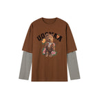 クマ柄の二重レイヤード長袖Tシャツ