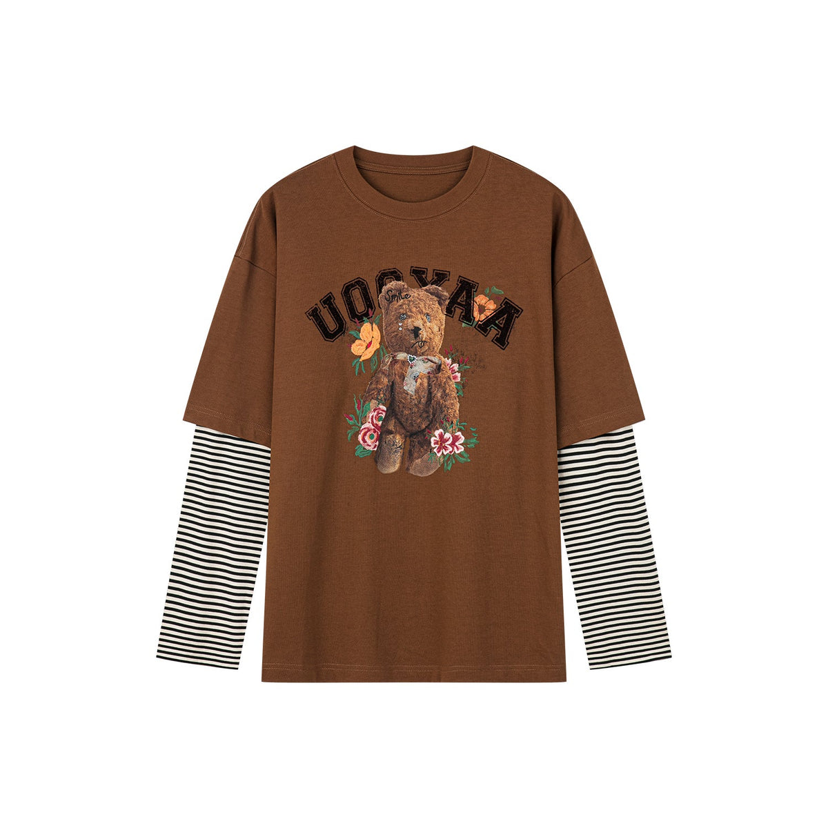 クマ柄の二重レイヤード長袖Tシャツ