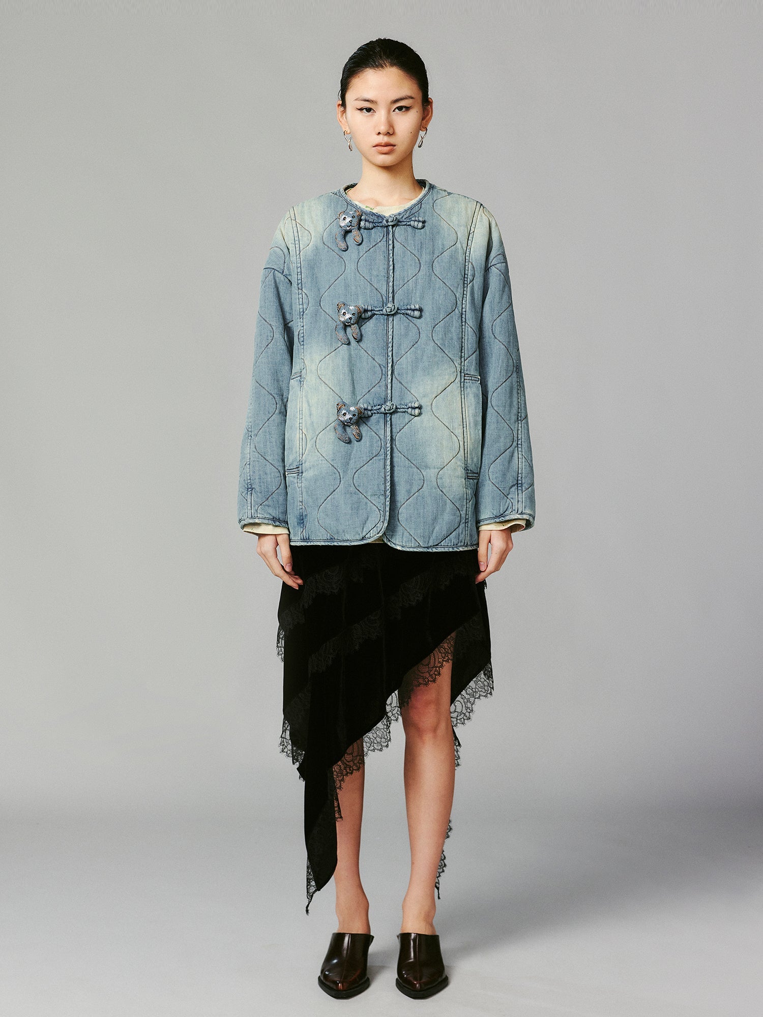 Bear embellished denim cotton jacket with Chinese knot buttons