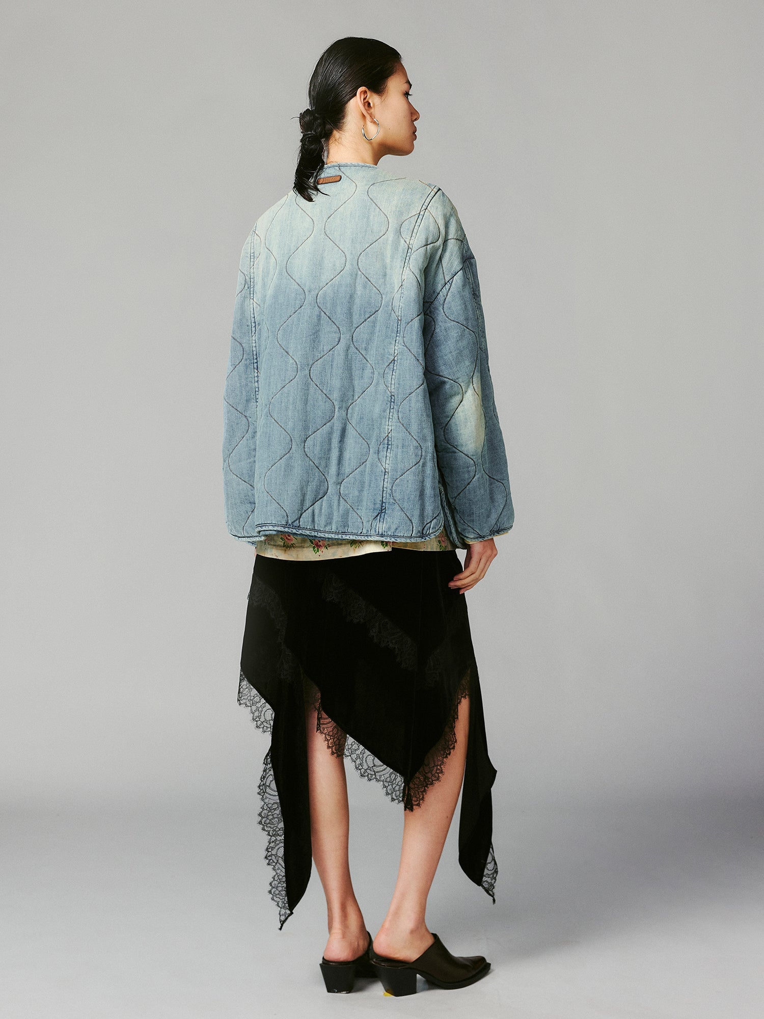 Bear embellished denim cotton jacket with Chinese knot buttons