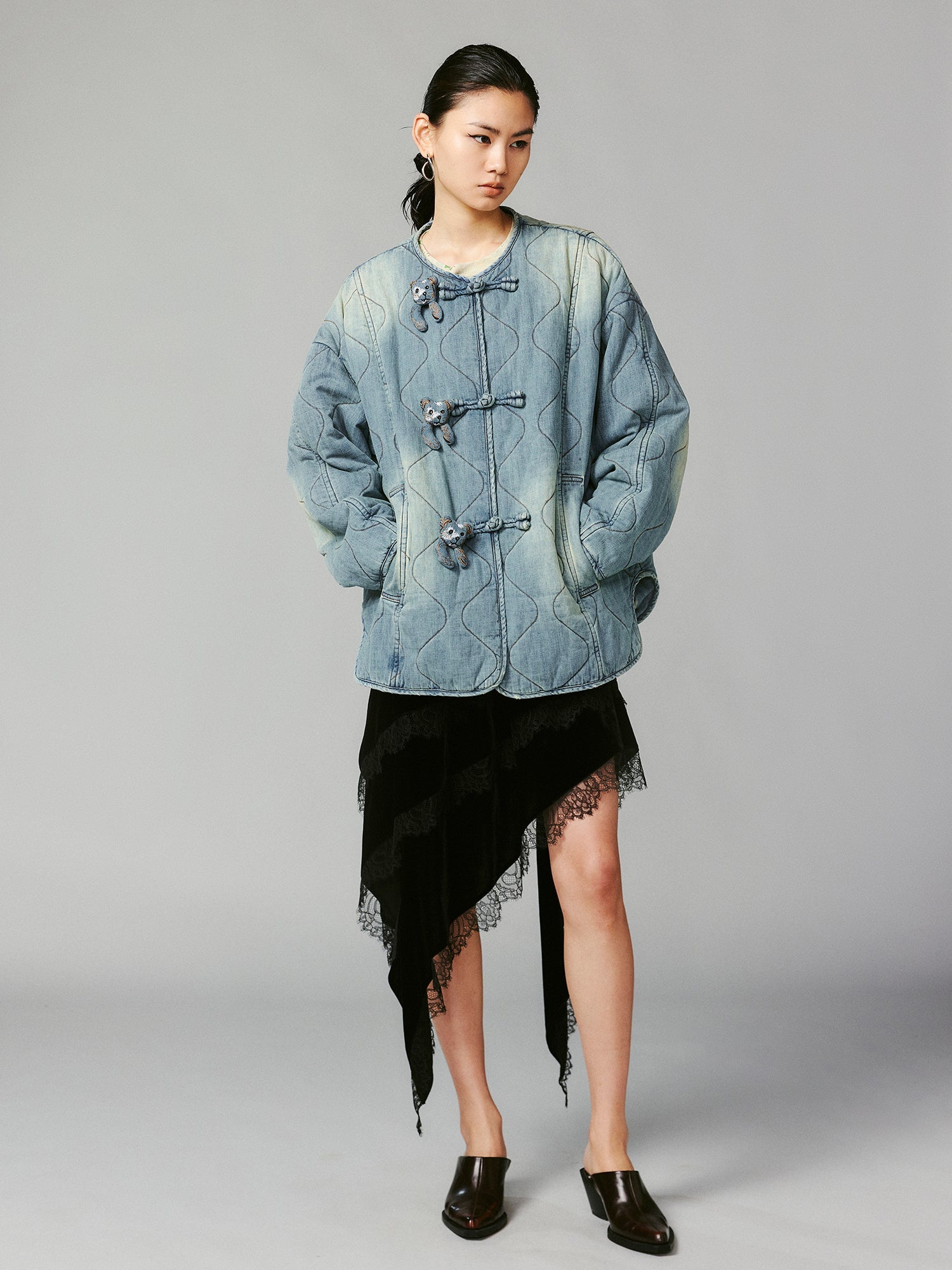 Bear embellished denim cotton jacket with Chinese knot buttons