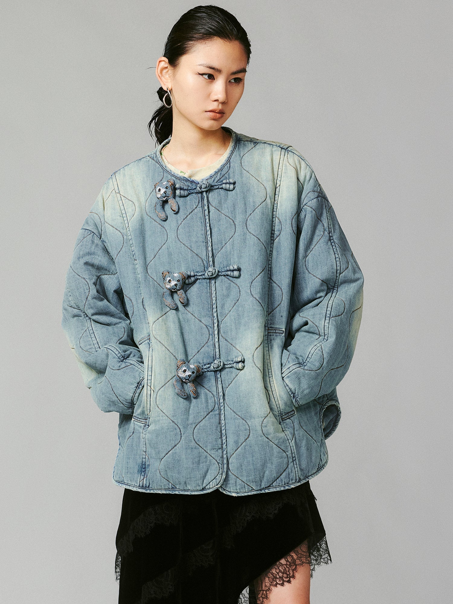 Bear embellished denim cotton jacket with Chinese knot buttons