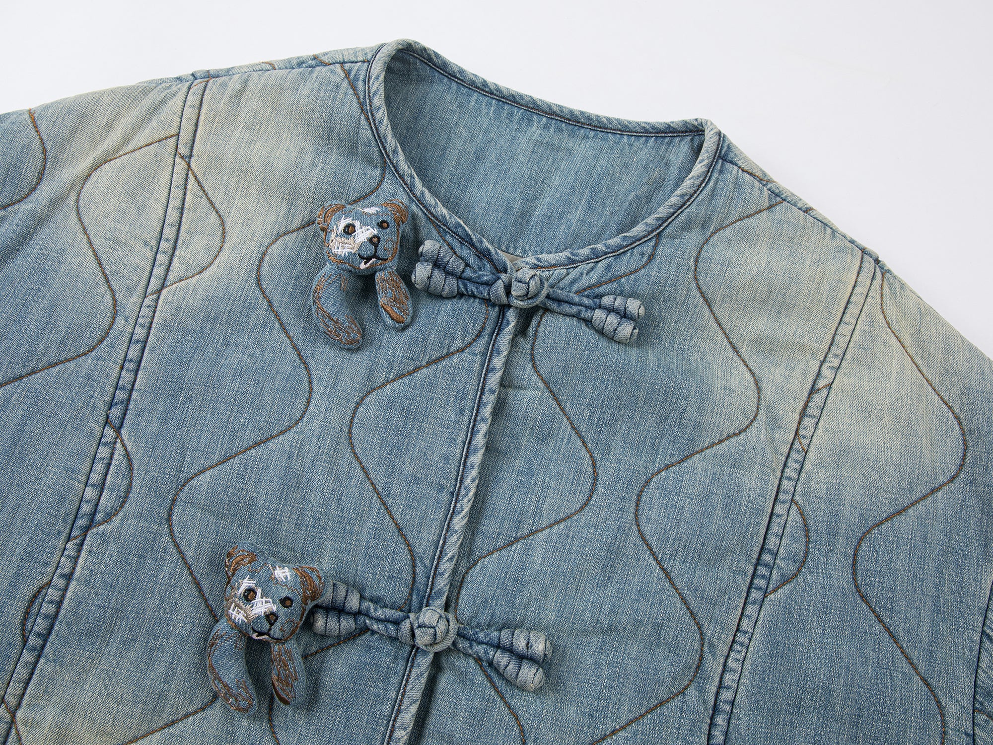 Bear embellished denim cotton jacket with Chinese knot buttons