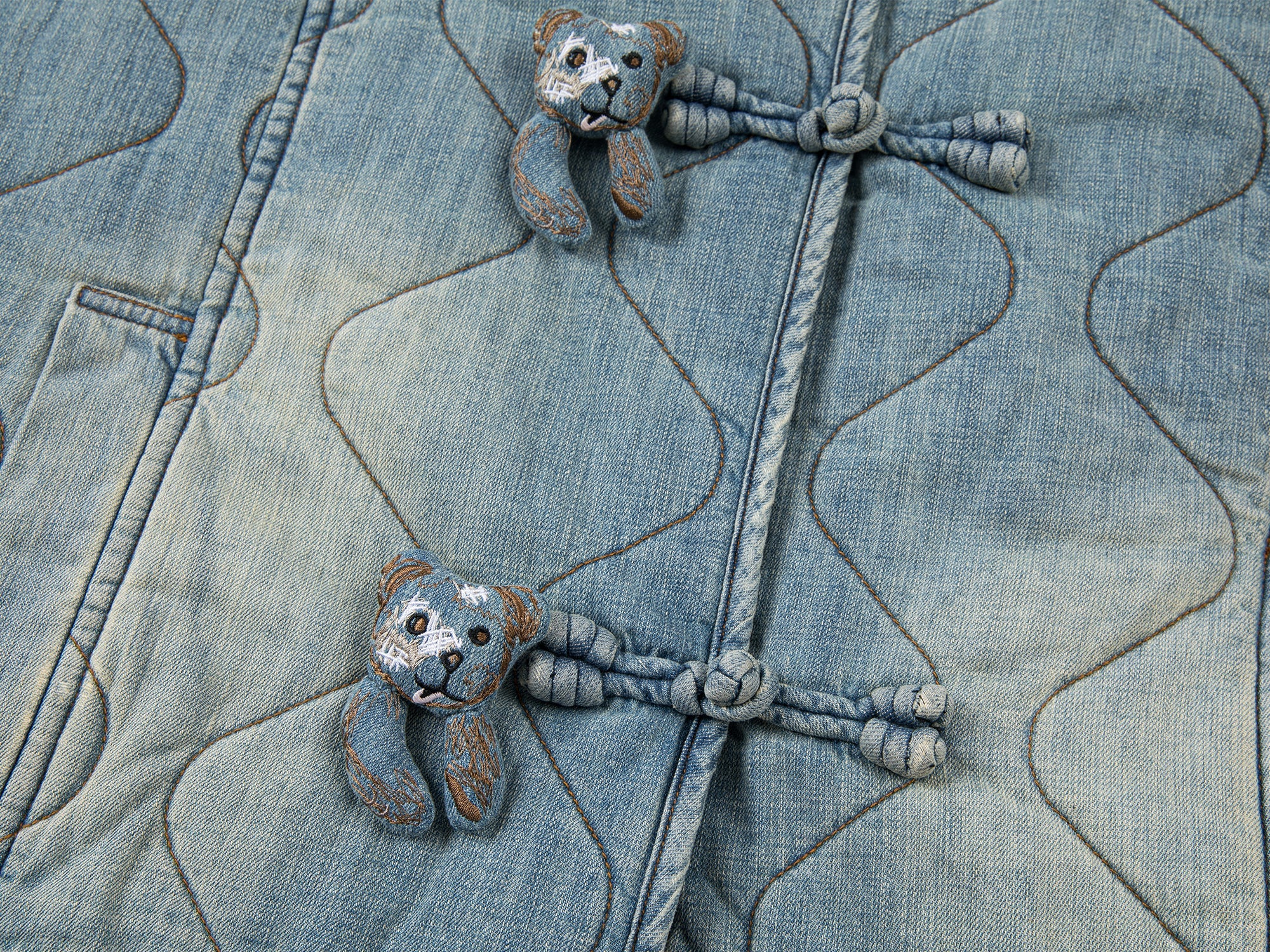 Bear embellished denim cotton jacket with Chinese knot buttons