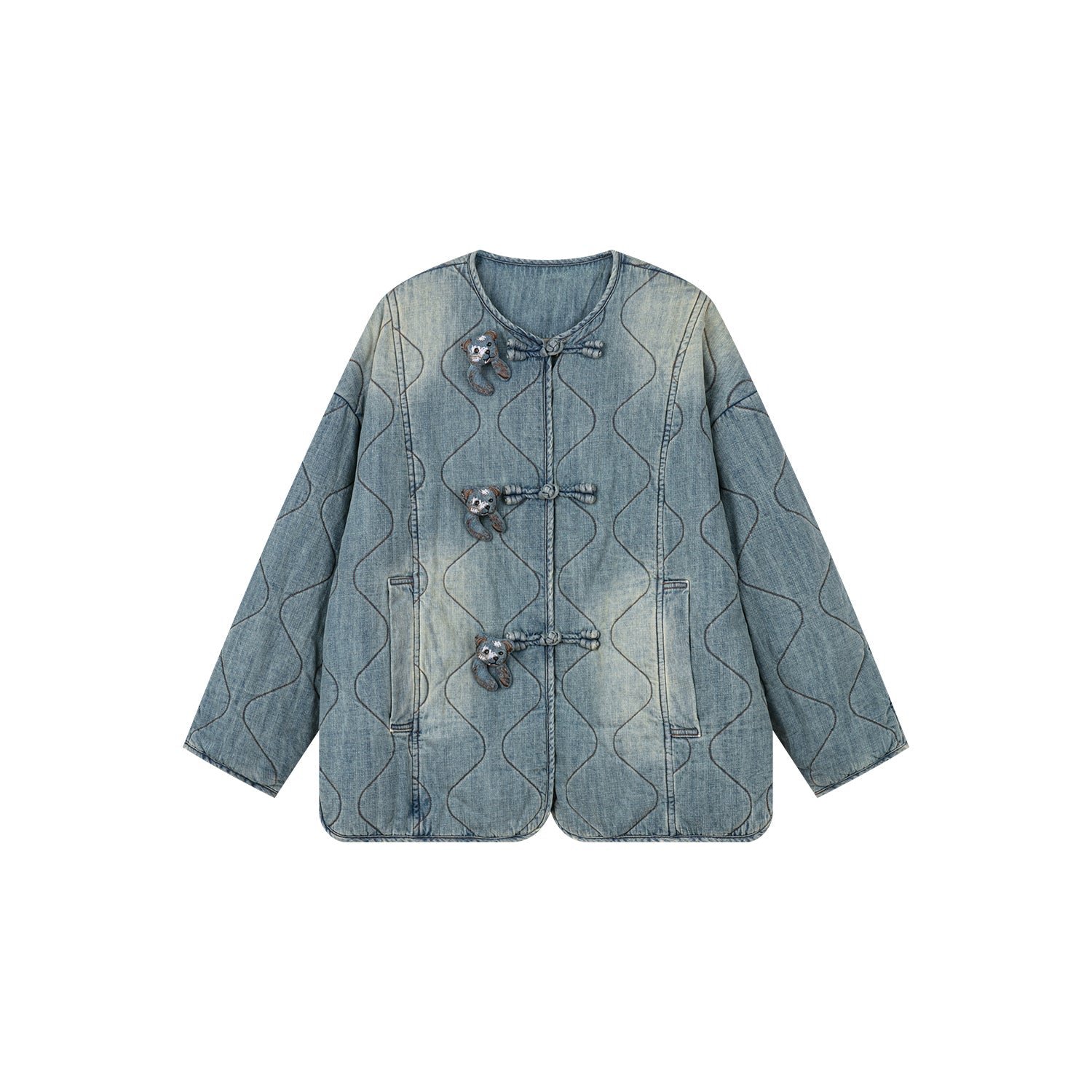 Bear embellished denim cotton jacket with Chinese knot buttons