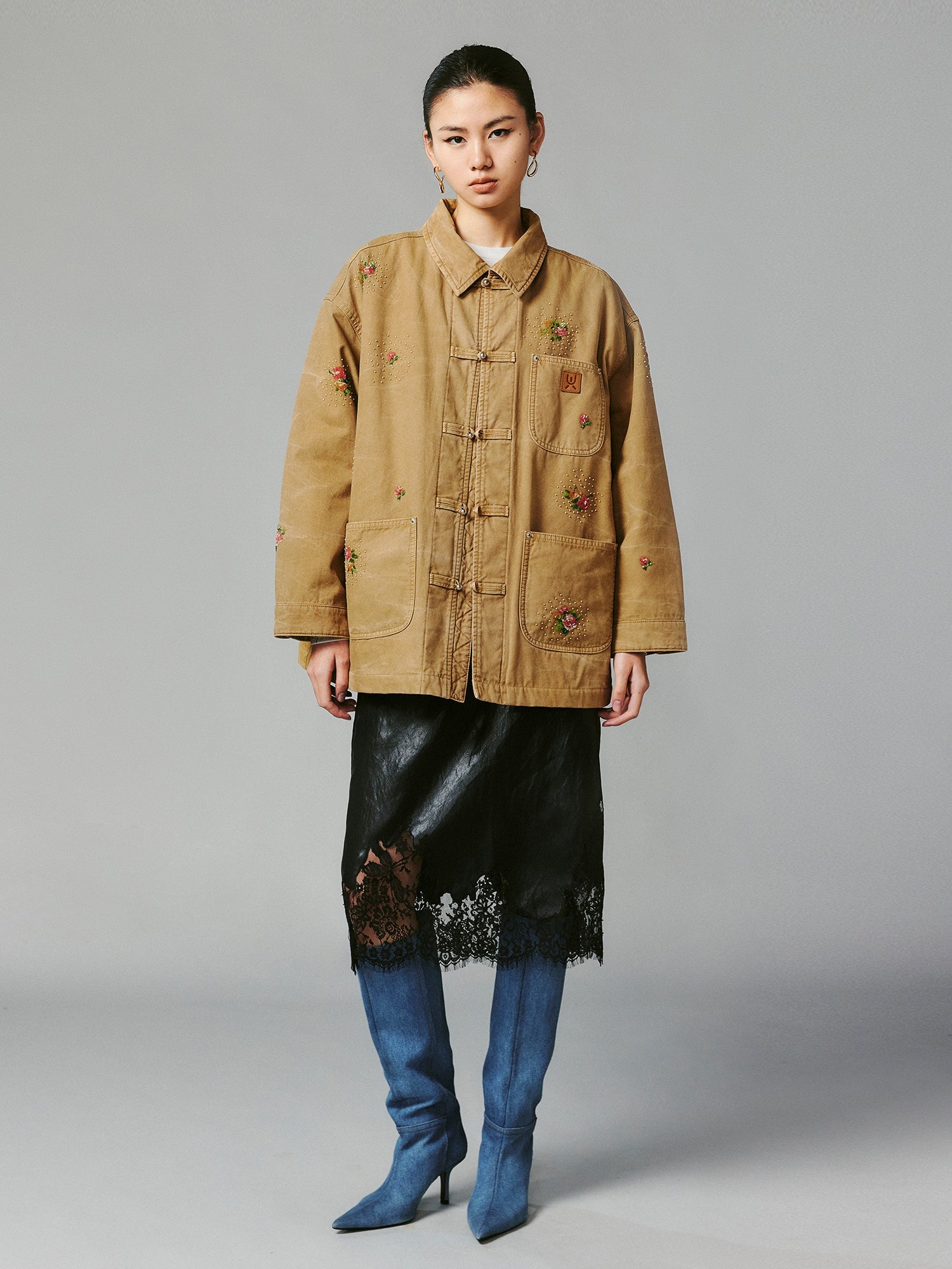 Floral embroidered and beaded workwear jacket