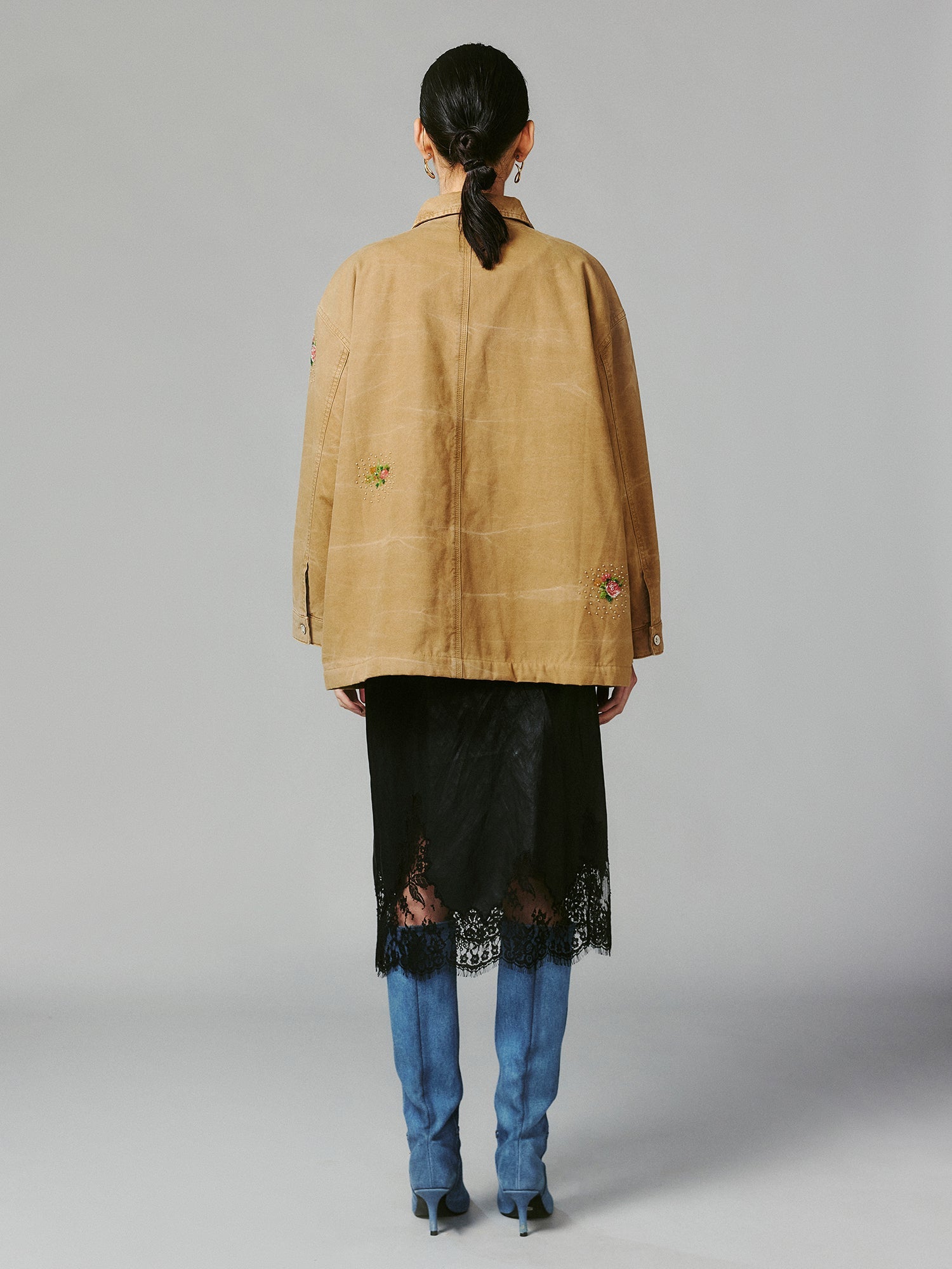 Floral embroidered and beaded workwear jacket