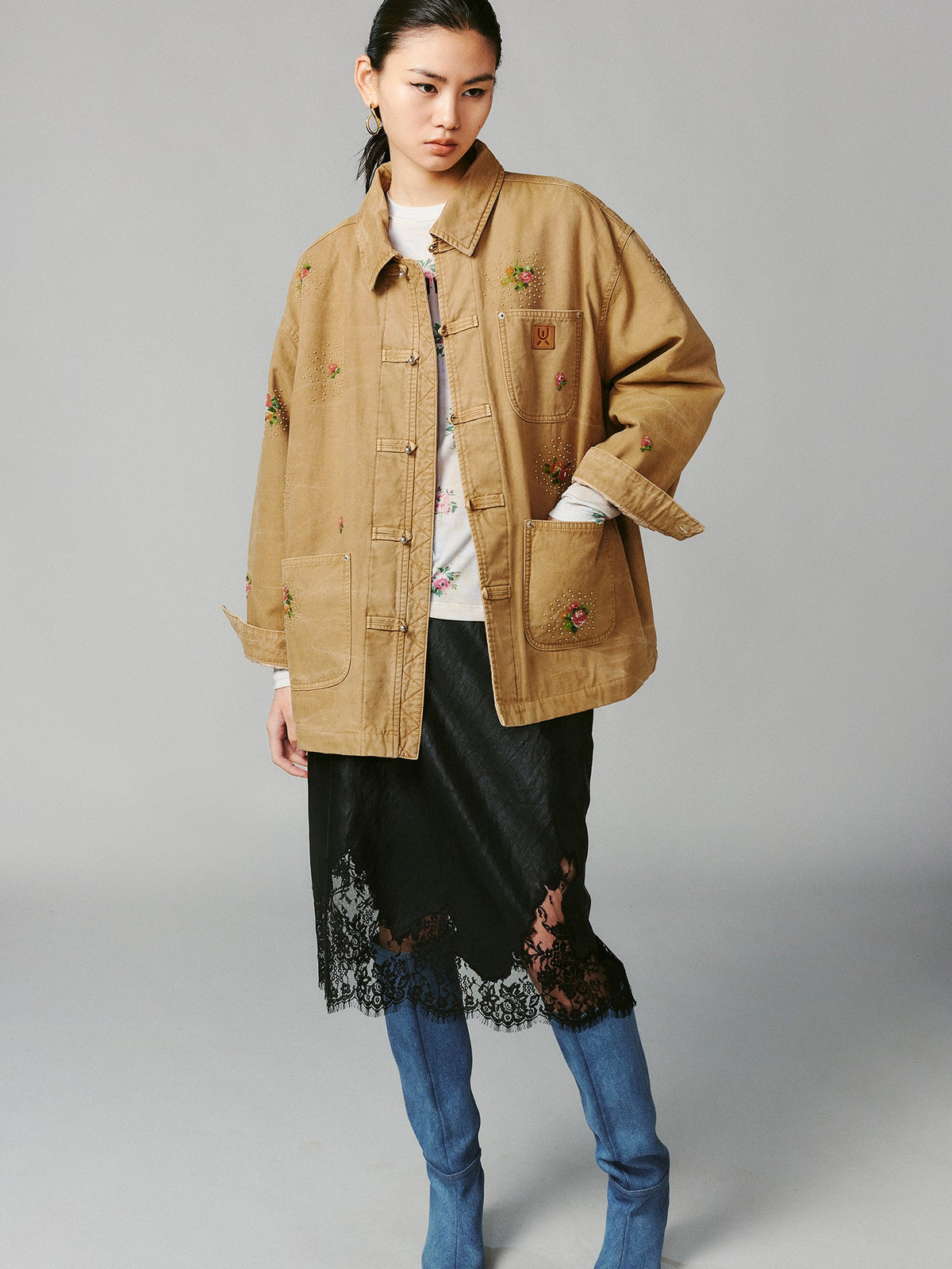 Floral embroidered and beaded workwear jacket
