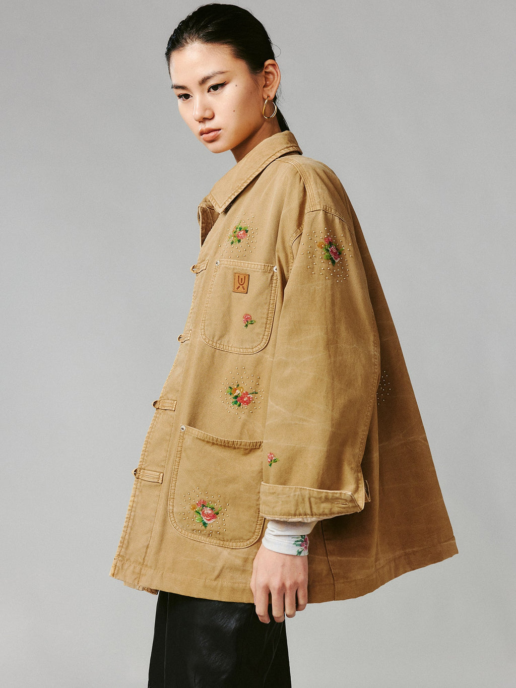 Floral embroidered and beaded workwear jacket