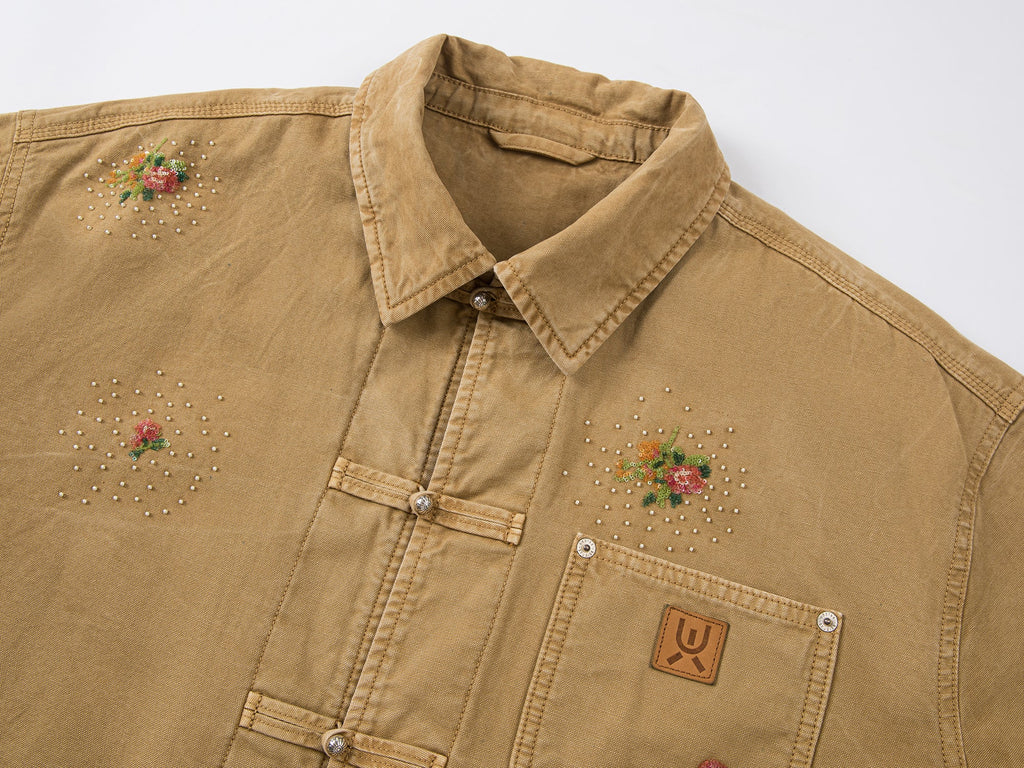 Floral embroidered and beaded workwear jacket