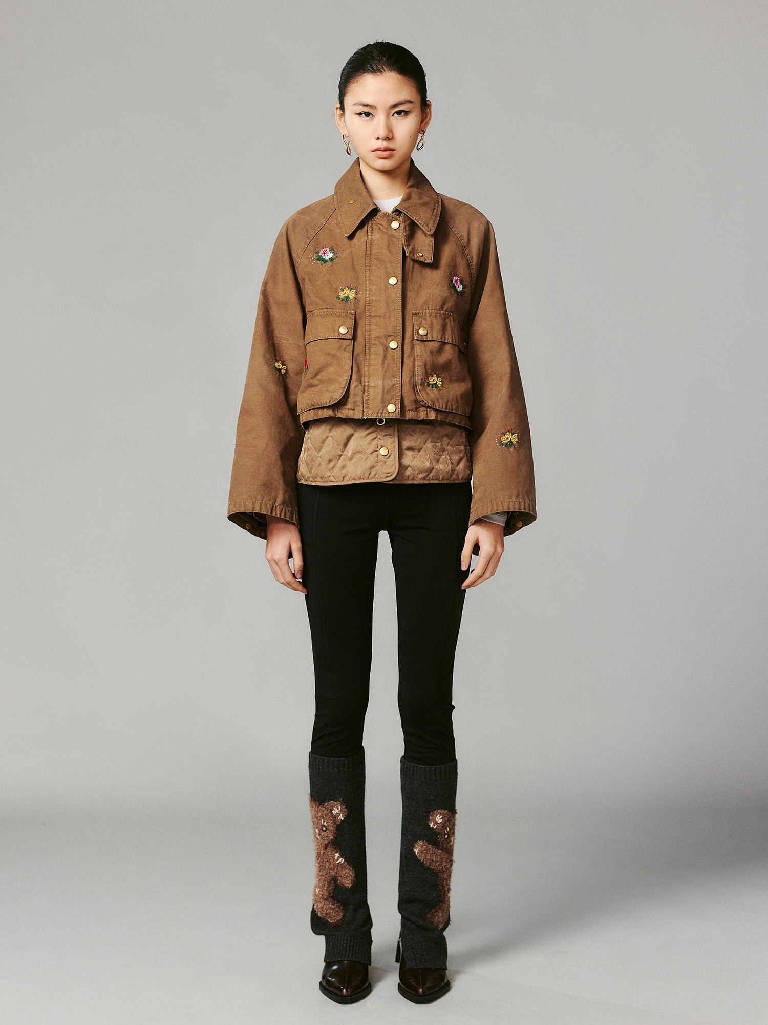 Floral embroidered and beaded workwear jacket