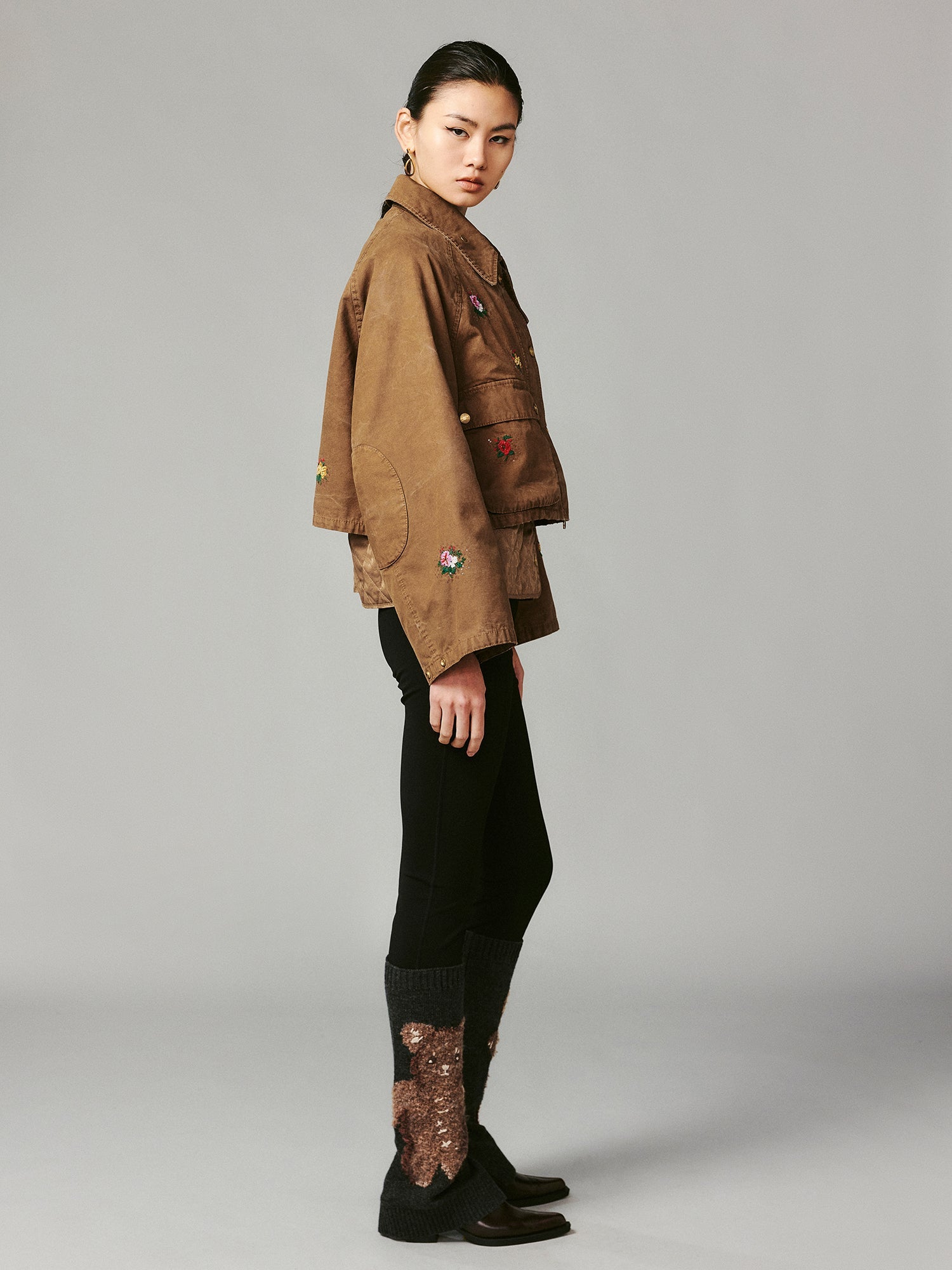 Floral embroidered and beaded workwear jacket