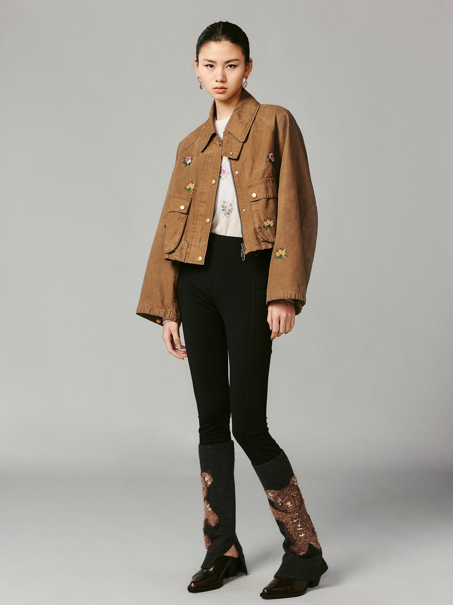 Floral embroidered and beaded workwear jacket