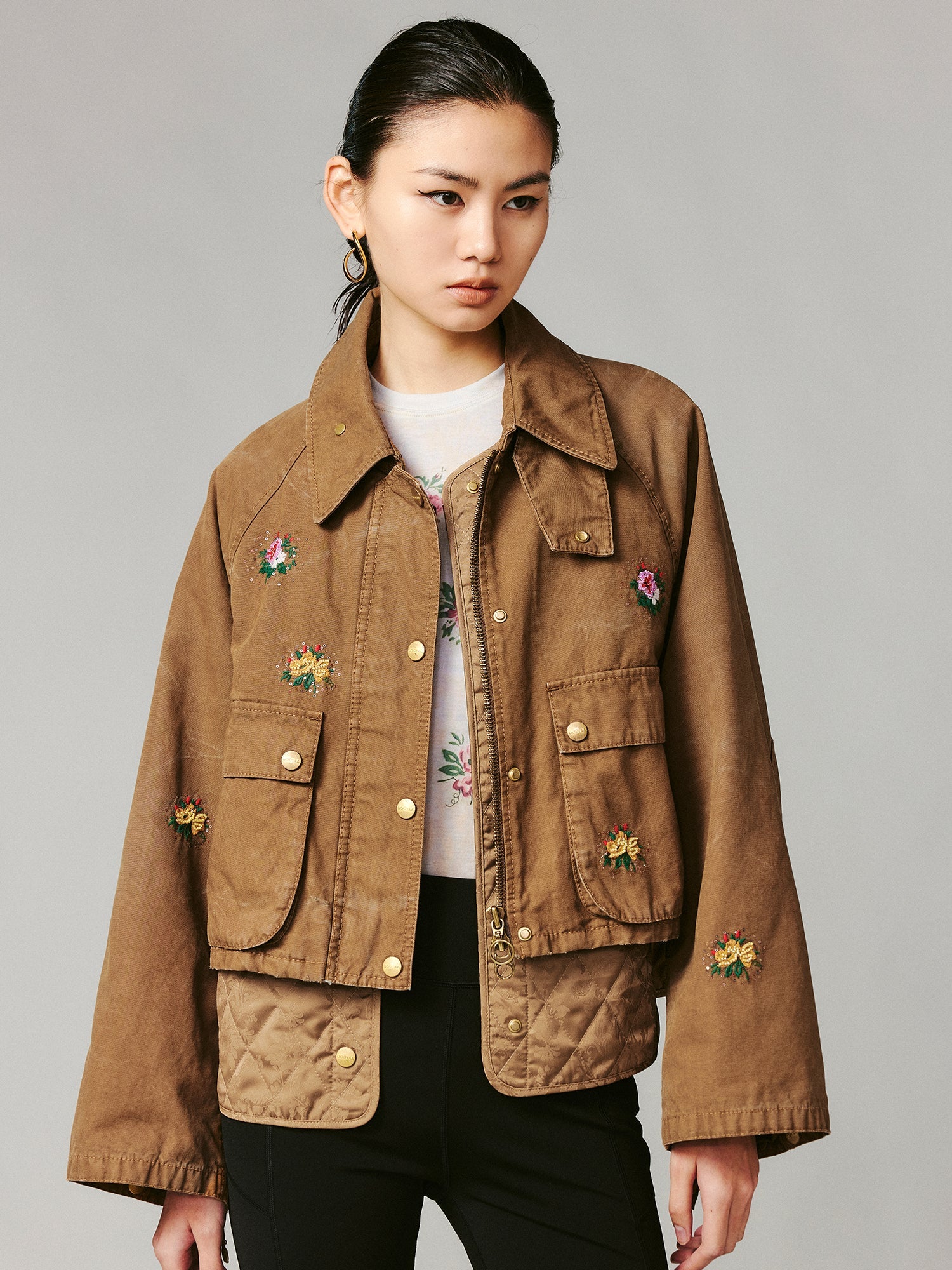 Floral embroidered and beaded workwear jacket