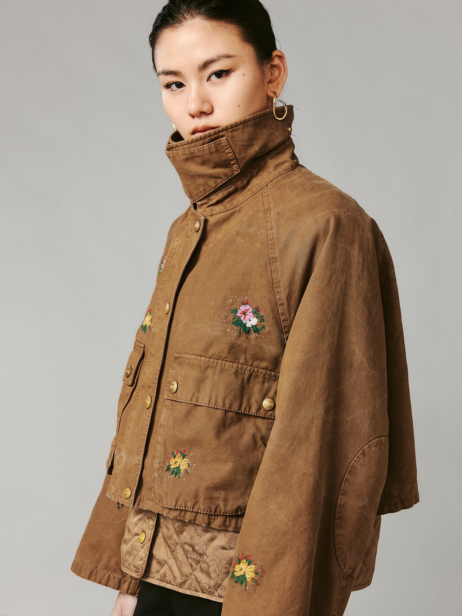 Floral embroidered and beaded workwear jacket