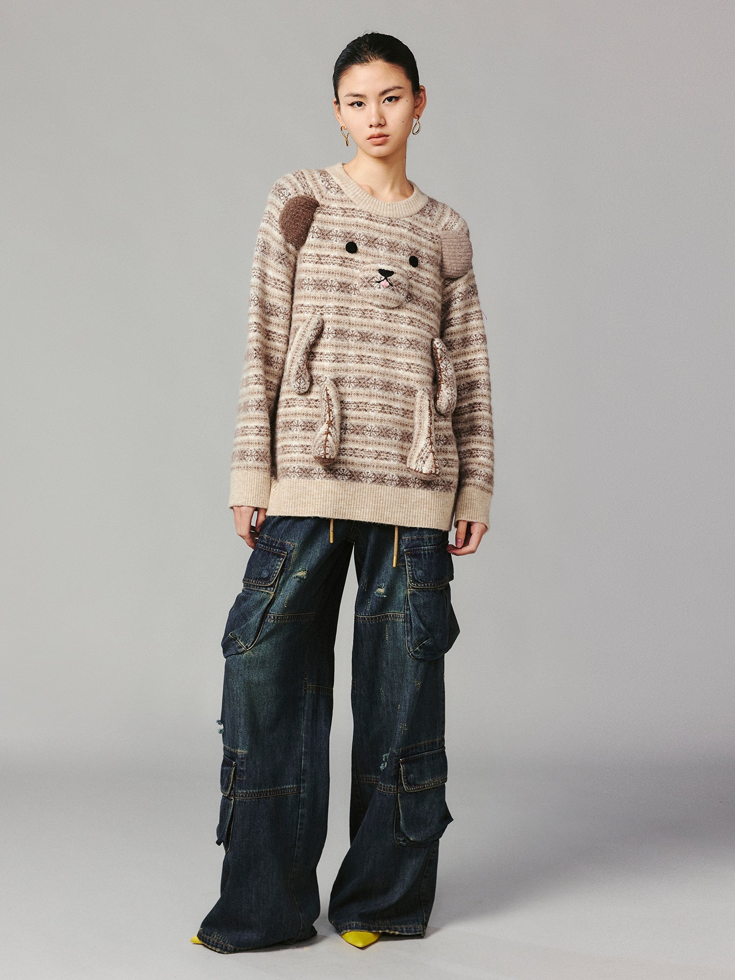 3D teddy bear Fairisle crewneck sweater