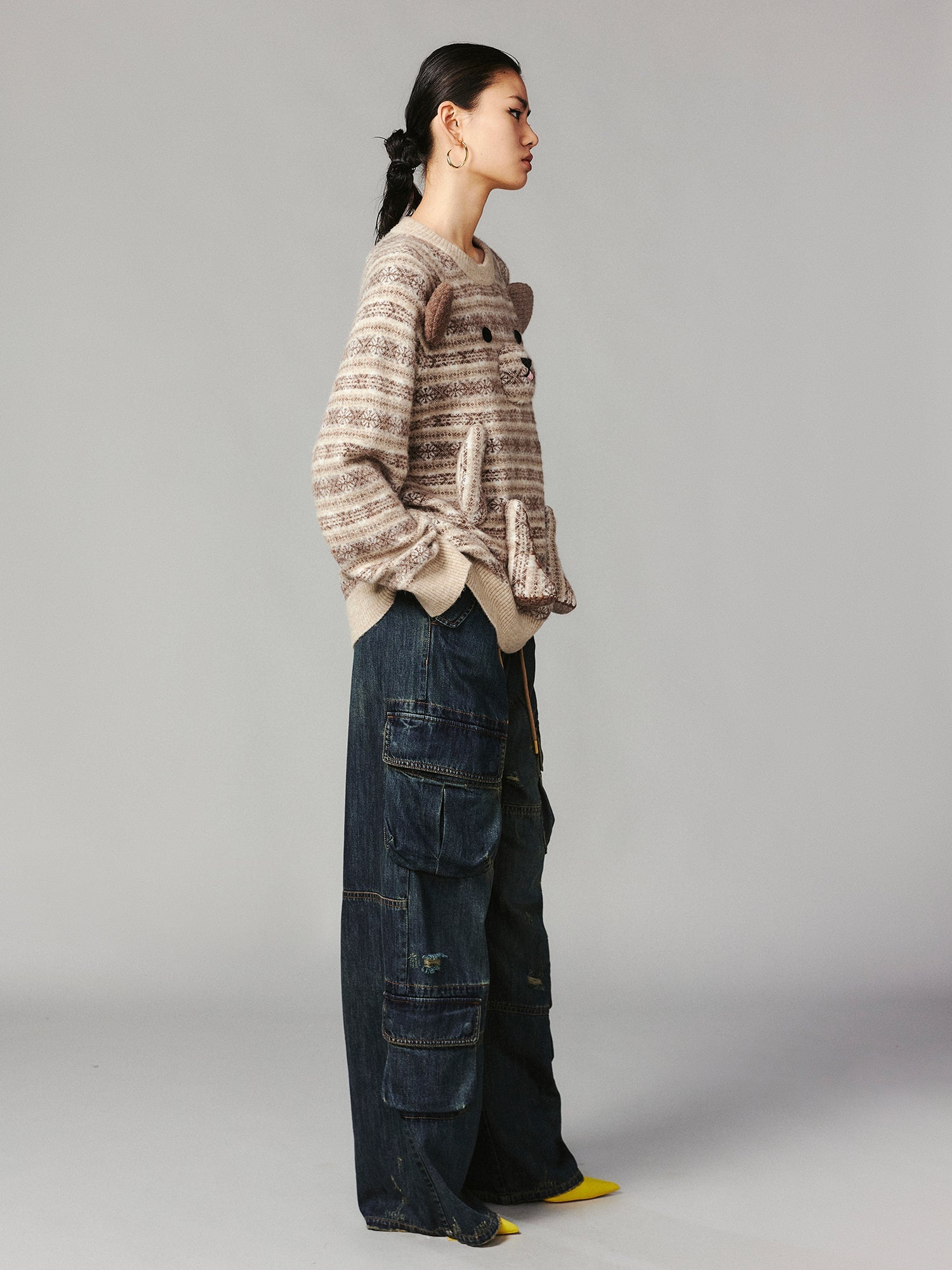 3D teddy bear Fairisle crewneck sweater