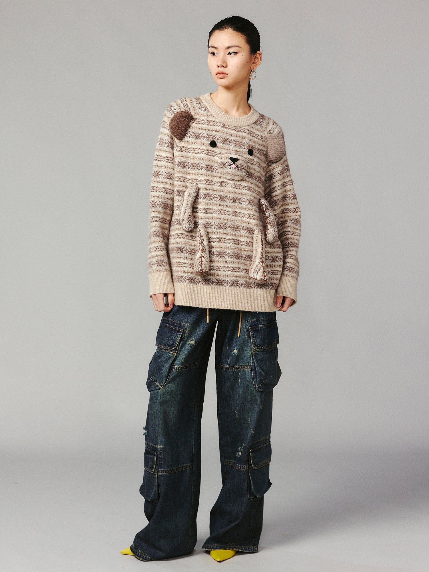 3D teddy bear Fairisle crewneck sweater